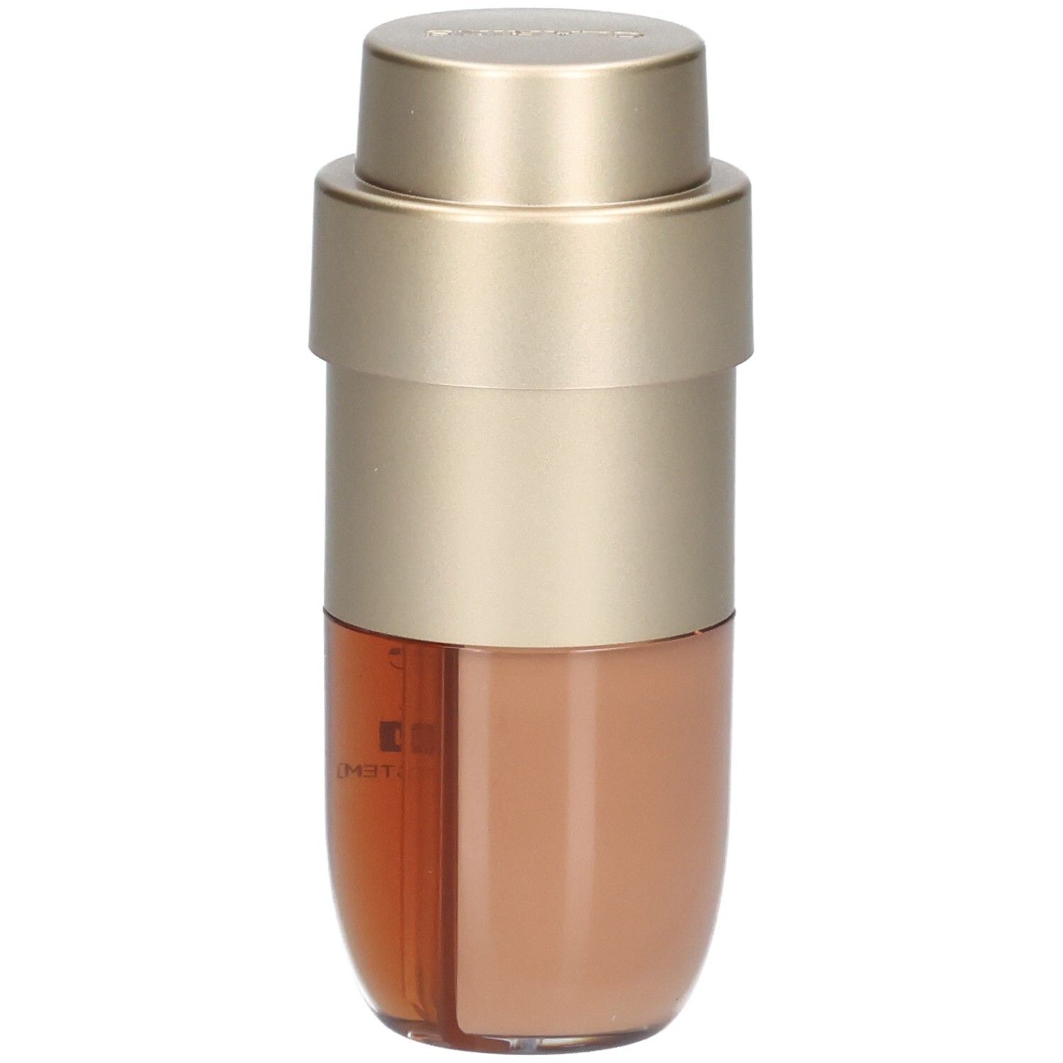 Clarins Double Serum Foundation M5N, gold and brown bottle with pump dispenser, angled view.