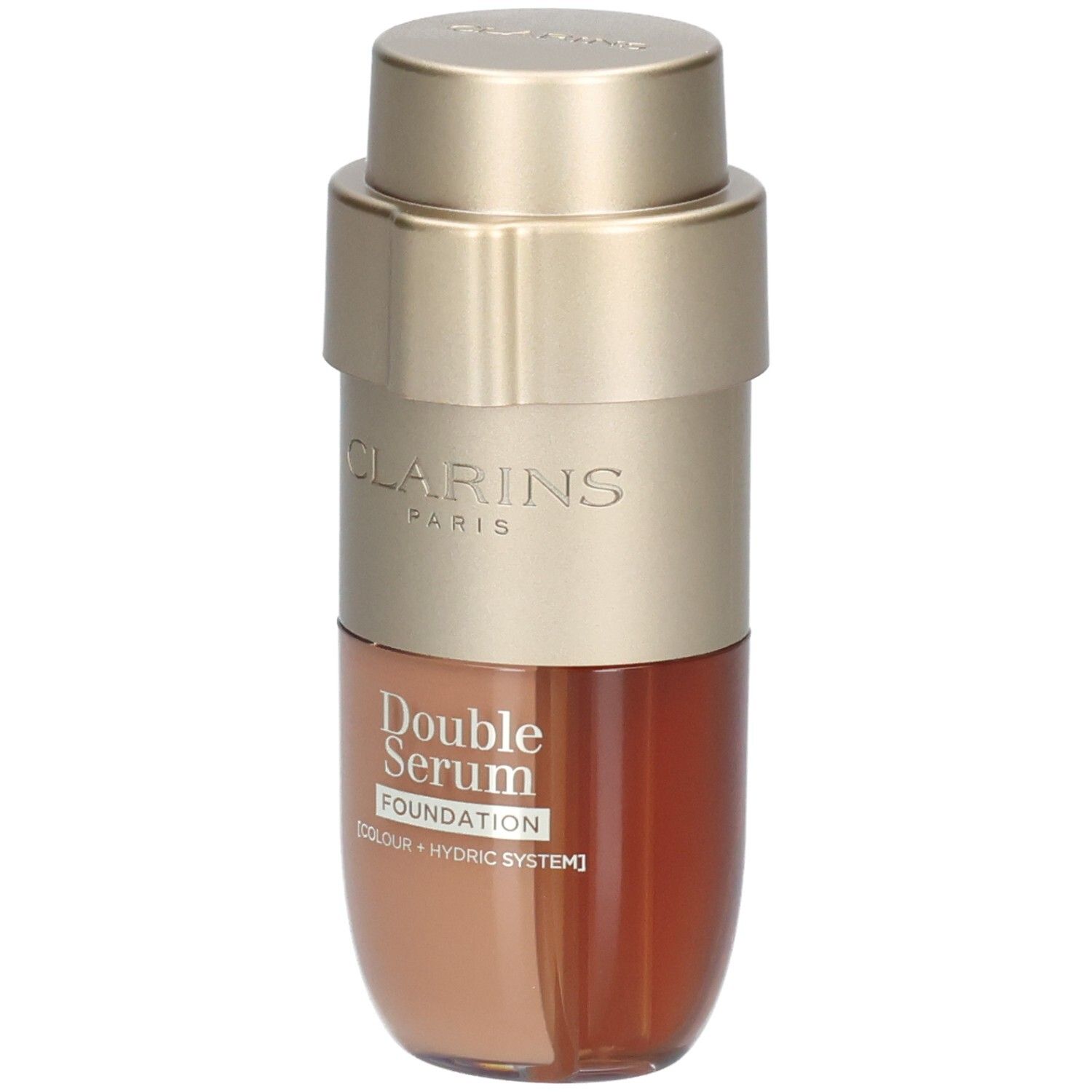 Clarins Double Serum Foundation M5N in gold and brown bottle with pump dispenser.