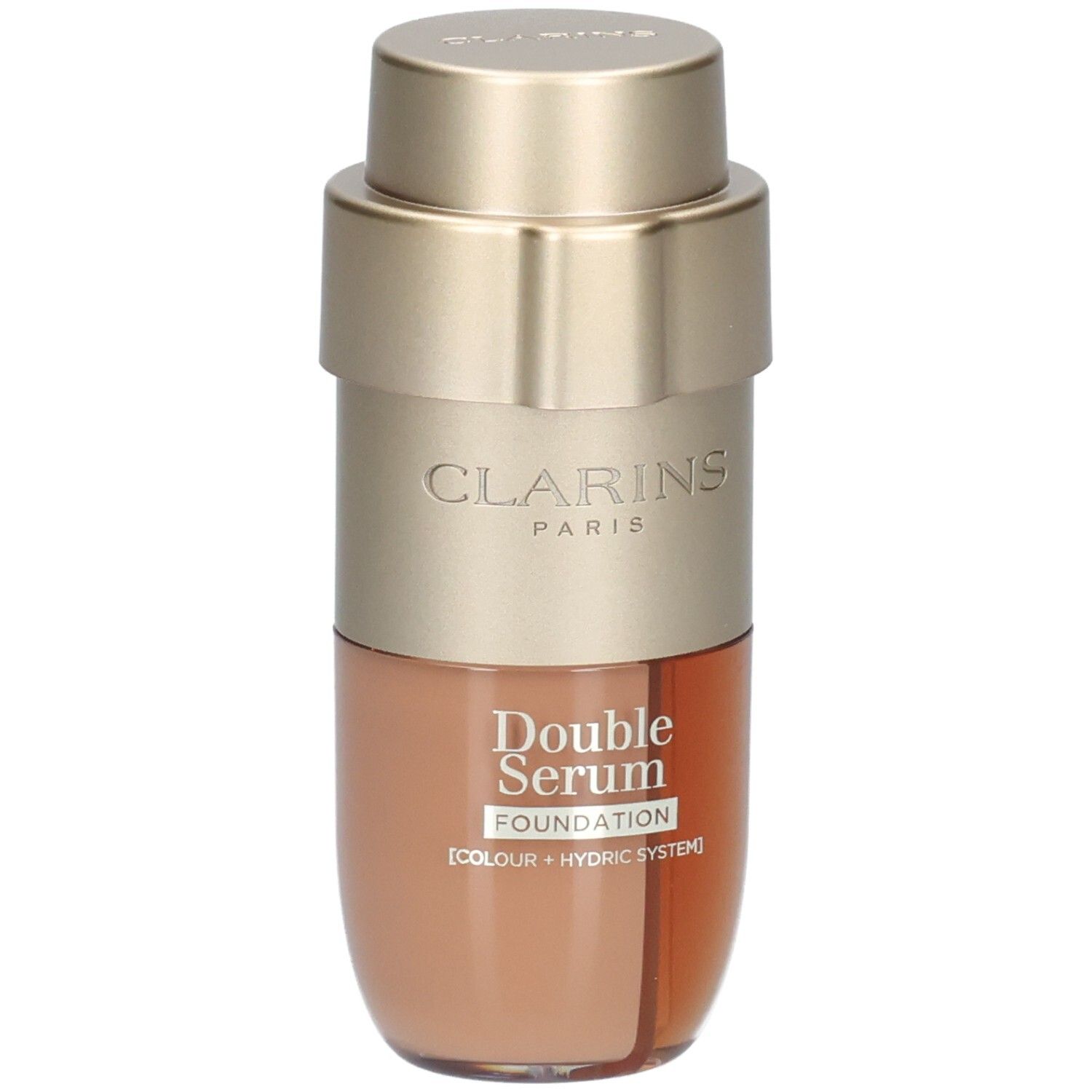 Clarins Double Serum Foundation M5N, gold and brown bottle with pump dispenser, angled view.