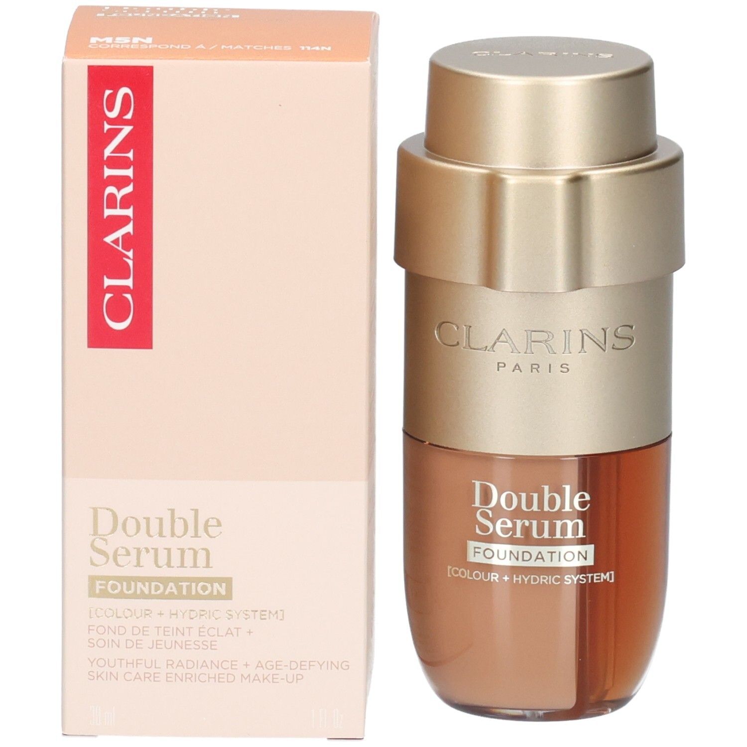 Clarins Double Serum Foundation M5N bottle and box, gold and brown packaging.