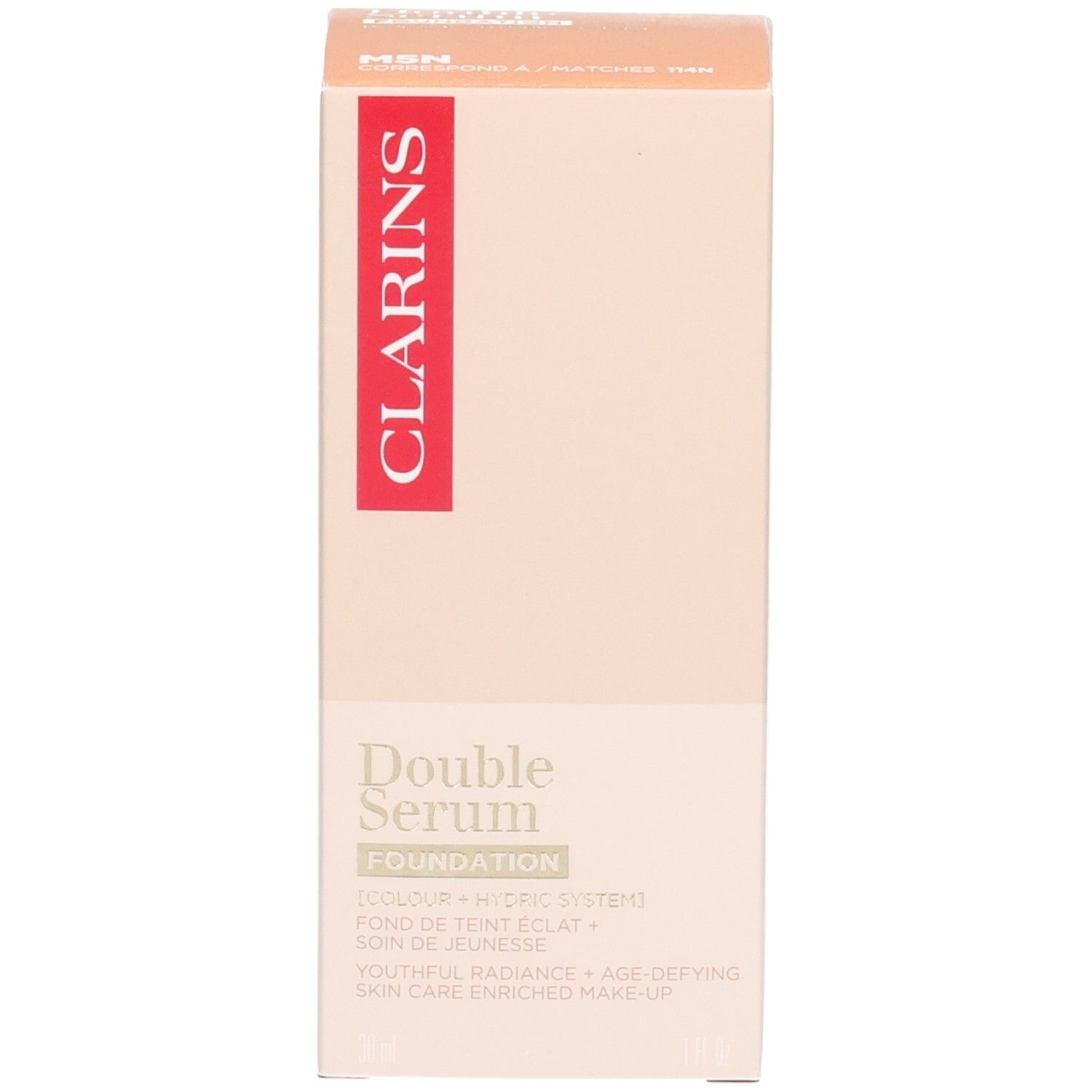Clarins Double Serum Foundation M5N box, gold and beige packaging with product details.