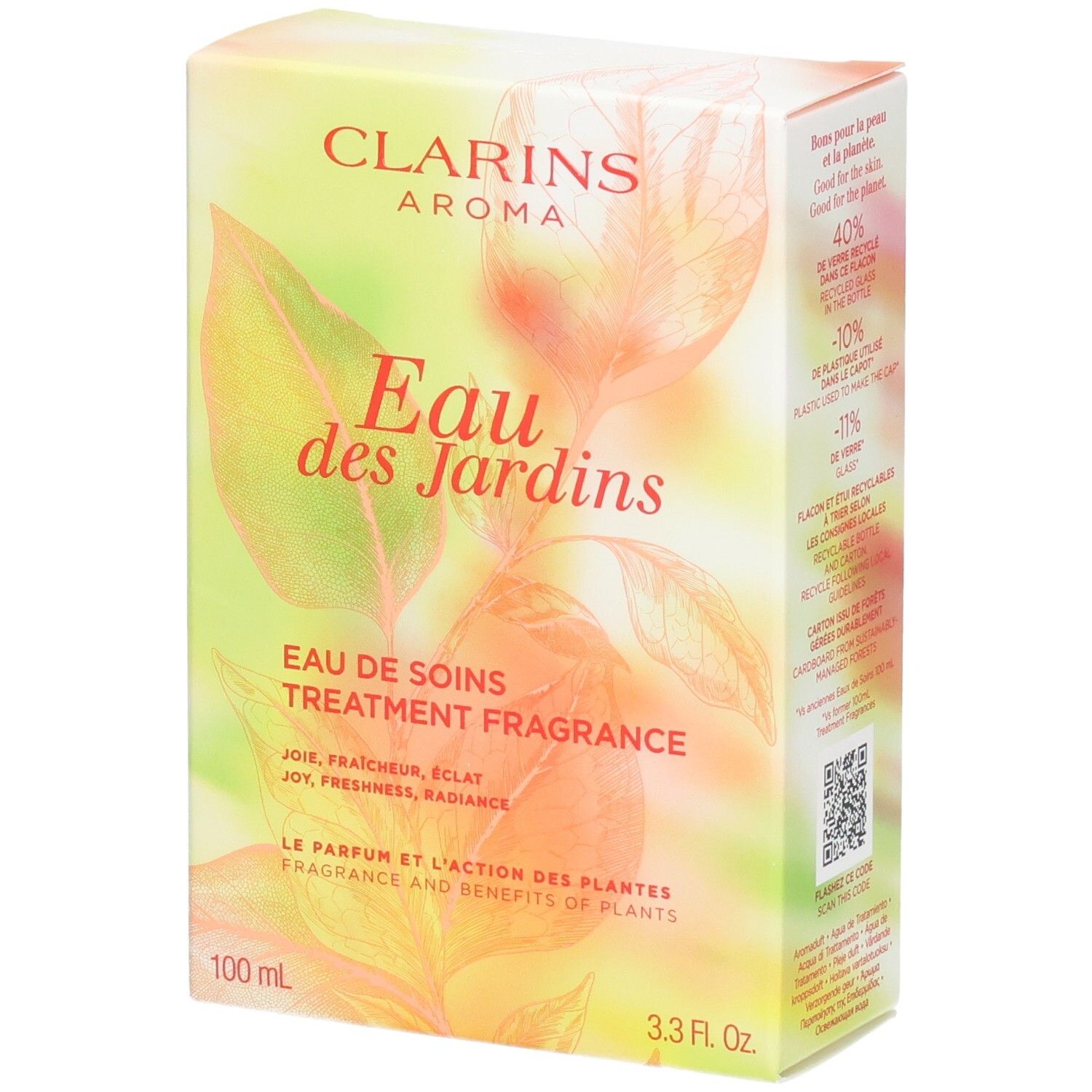 Clarins Eau des Jardins Treatment Fragrance Karton. Vorderseite mit Blattmotiv und Produktinformationen.