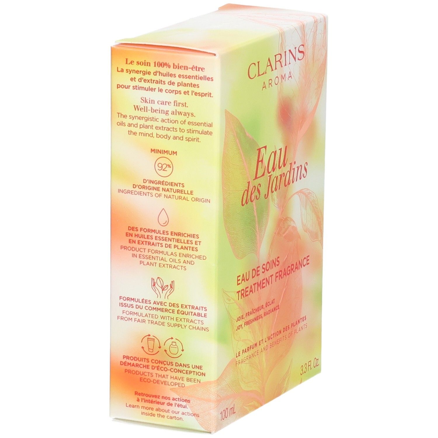 Clarins Eau des Jardins Treatment Fragrance Karton. Seitenansicht mit Inhaltsstoffen und Siegeln.