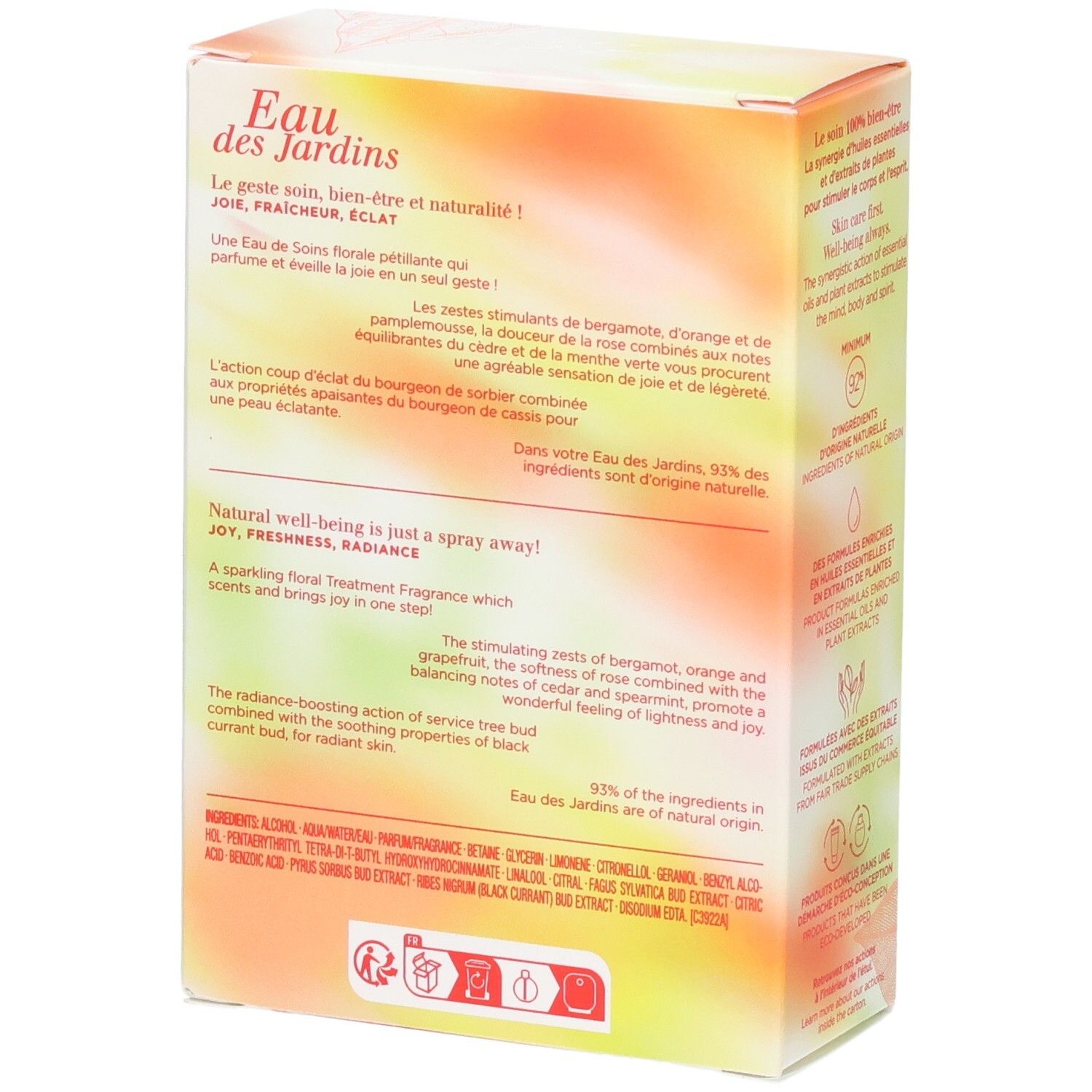 Clarins Eau des Jardins Treatment Fragrance Karton. Rückseite mit Produktbeschreibung und Inhaltsstoffen.