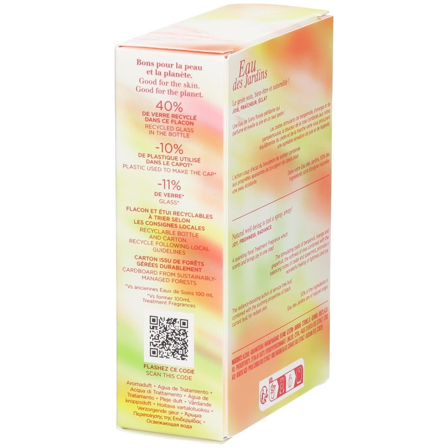 Clarins Eau des Jardins Treatment Fragrance Karton. Seitenansicht mit Recycling-Informationen und QR-Code.