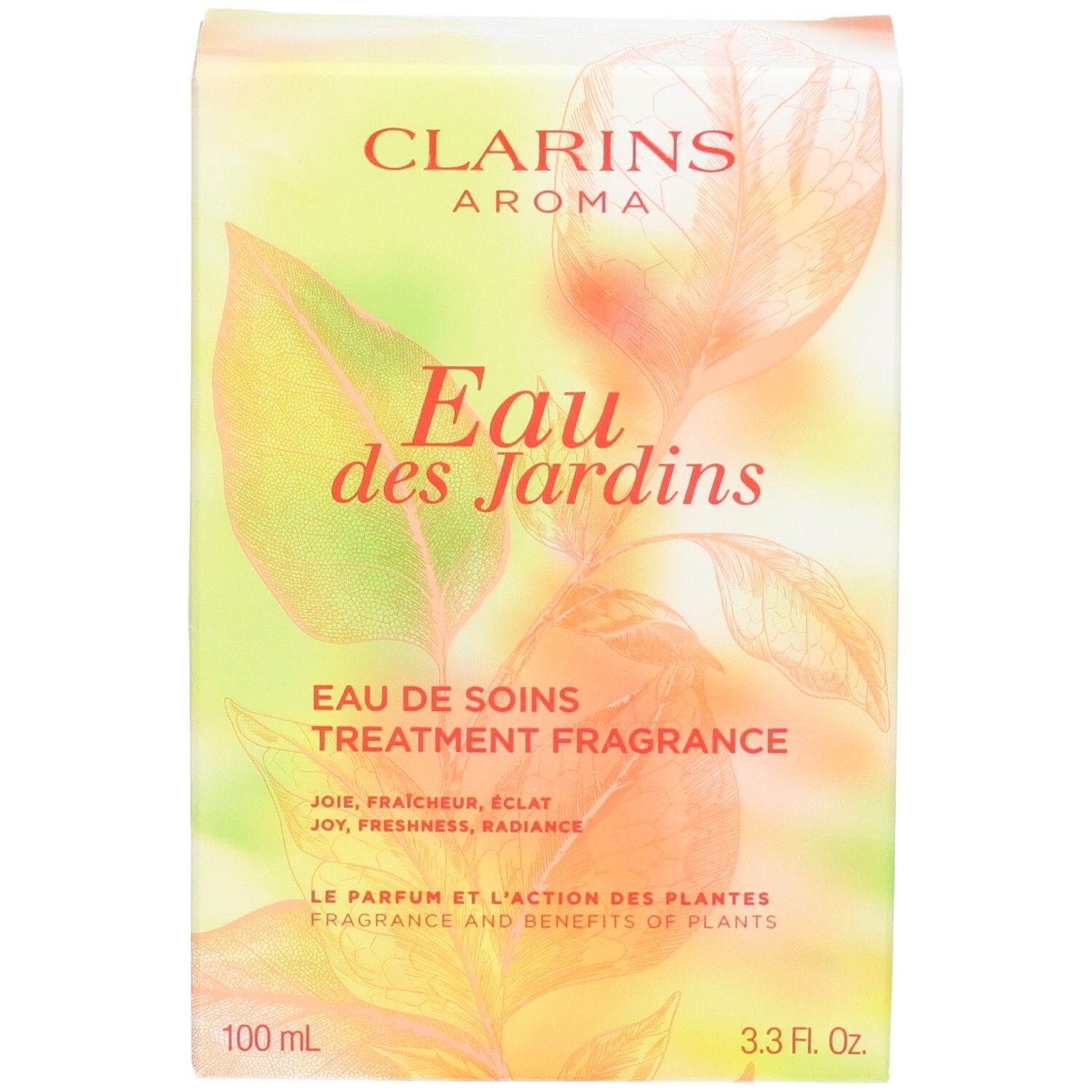 Clarins Eau des Jardins Treatment Fragrance Karton. Vorderseite mit Blattmotiv und Produktinformationen.