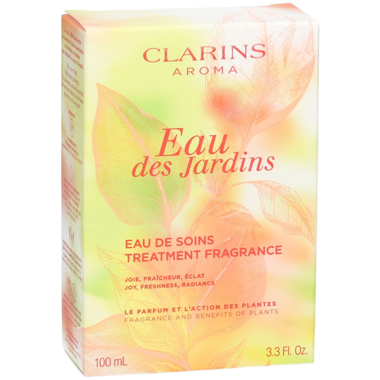 Clarins Eau des Jardins Treatment Fragrance Karton. Vorderseite mit Blattmotiv und Produktinformationen.