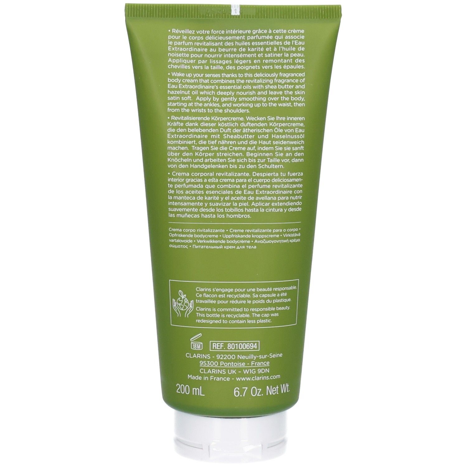 Rückseite einer grünen Tube mit Clarins Aroma Eau Extraordinaire Körpercreme, Inhaltsstoffen und Anwendungshinweisen.
