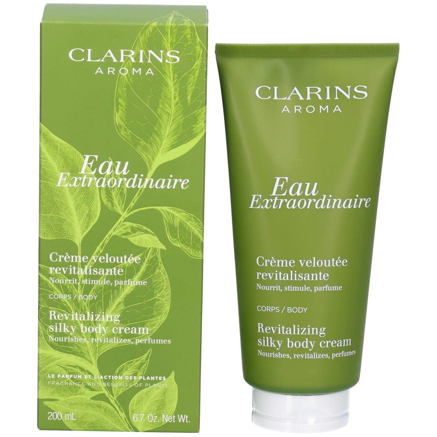Grüne Tube und Kartonverpackung für Clarins Aroma Eau Extraordinaire Revitalizing Silky Body Cream.