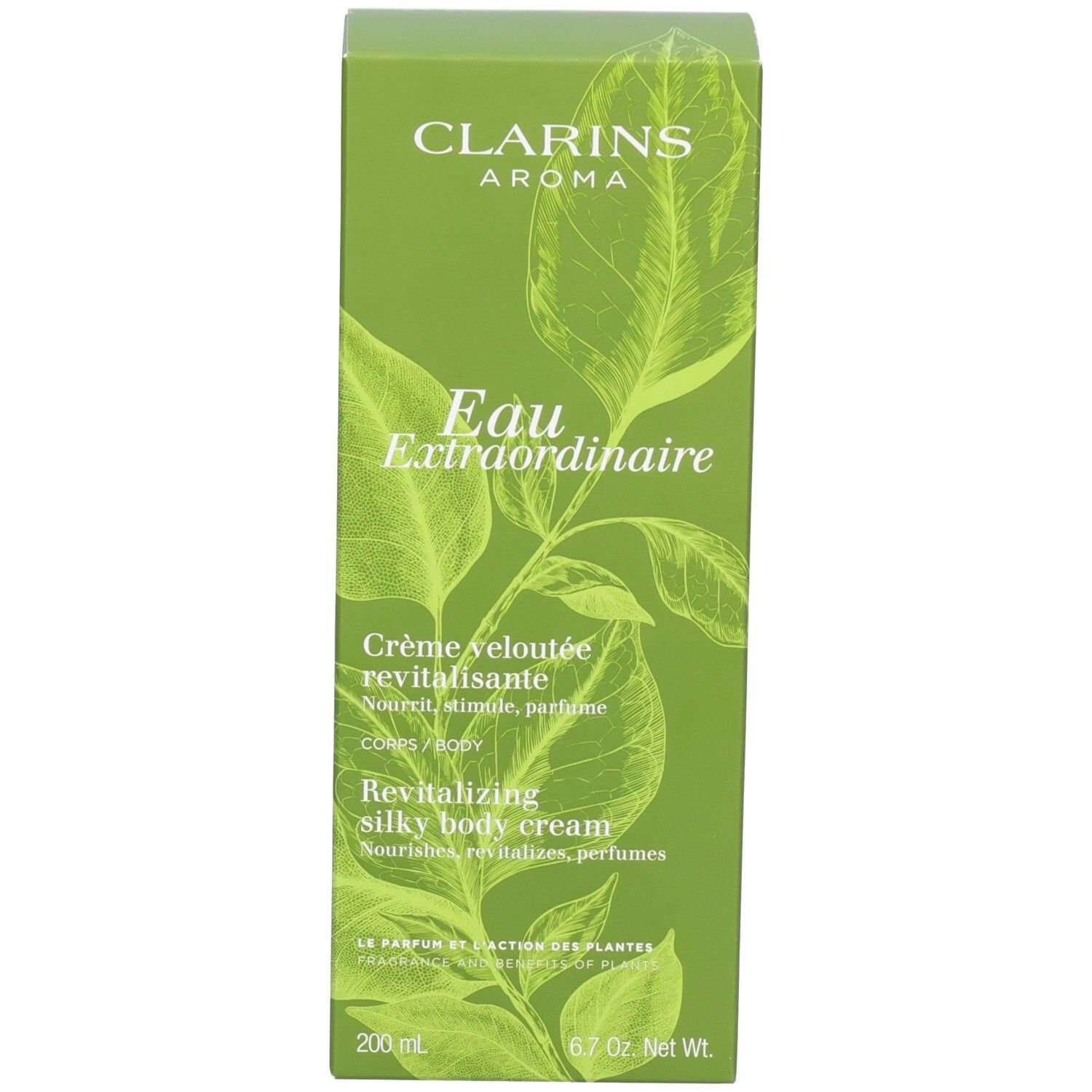 Kartonverpackung für Clarins Aroma Eau Extraordinaire Revitalizing Silky Body Cream mit Blattmotiv.