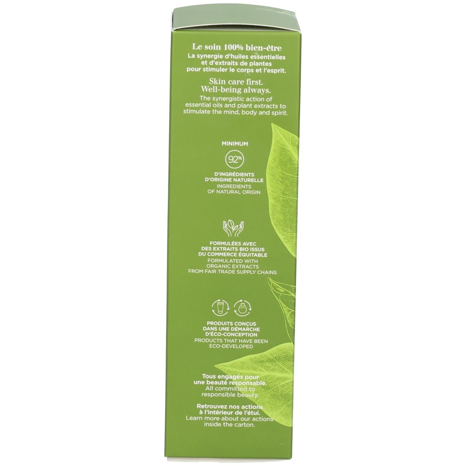 Seite der Kartonverpackung mit Clarins Aroma Eau Extraordinaire Informationen und Siegeln.