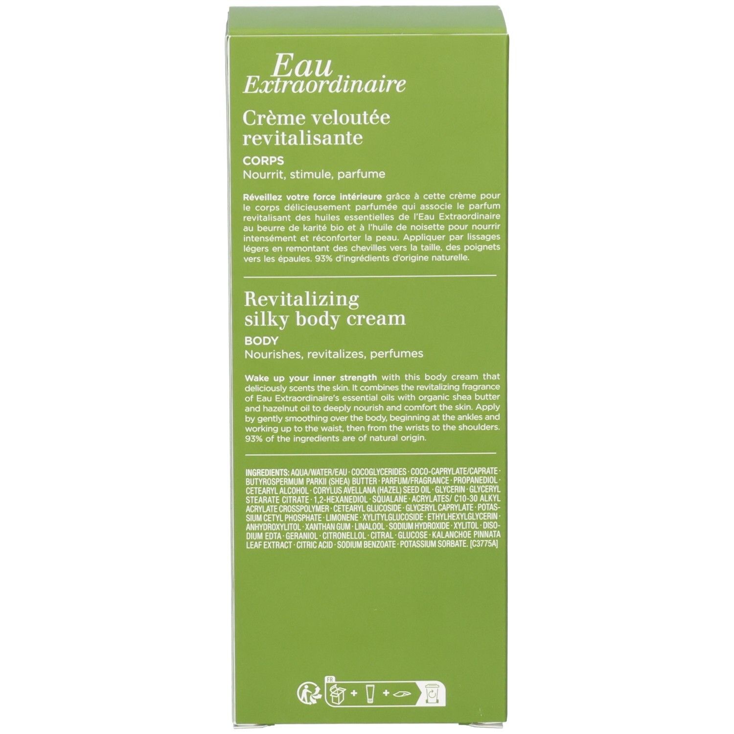 Rückseite der Kartonverpackung mit Clarins Aroma Eau Extraordinaire Körpercreme, Details und Inhaltsstoffen.