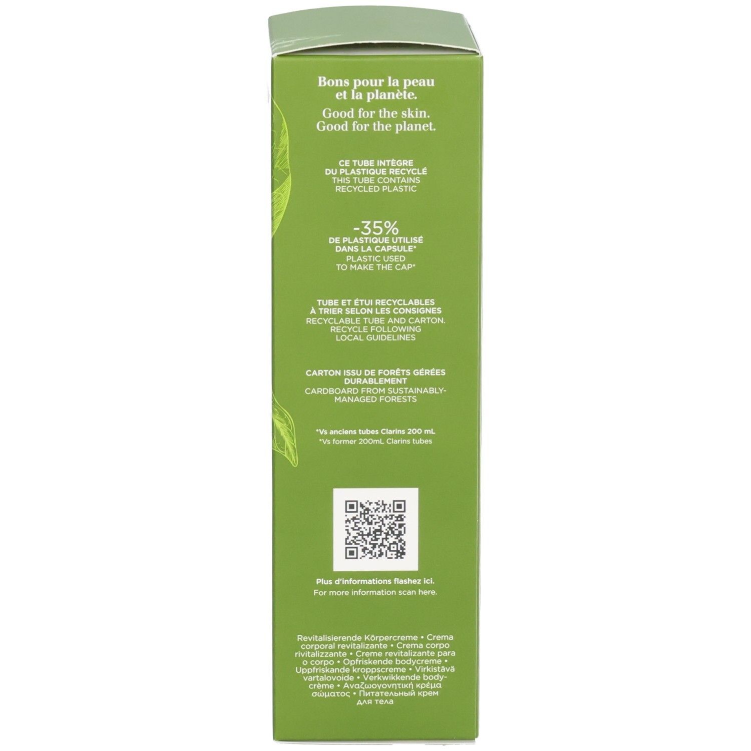 Seite der Kartonverpackung mit Clarins Aroma Eau Extraordinaire Körpercreme, Recycling-Informationen.