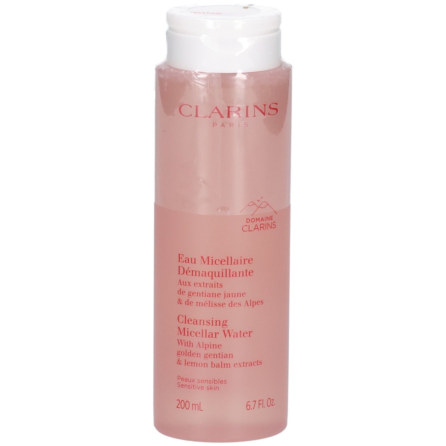 Clarins Reinigung Micellenwasser in einer durchsichtigen Flasche mit rosa Flüssigkeit und weißem Verschluss.