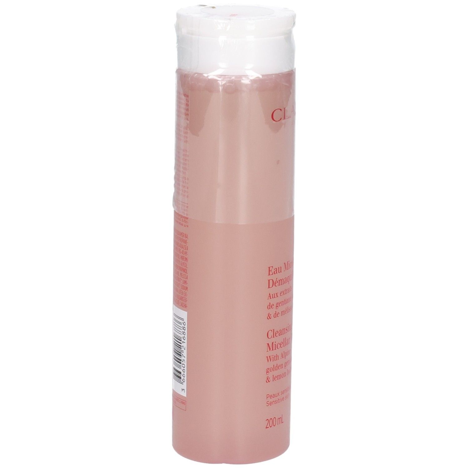 Clarins Reinigung Micellenwasser, Seitenansicht der durchsichtigen Flasche mit rosa Flüssigkeit.