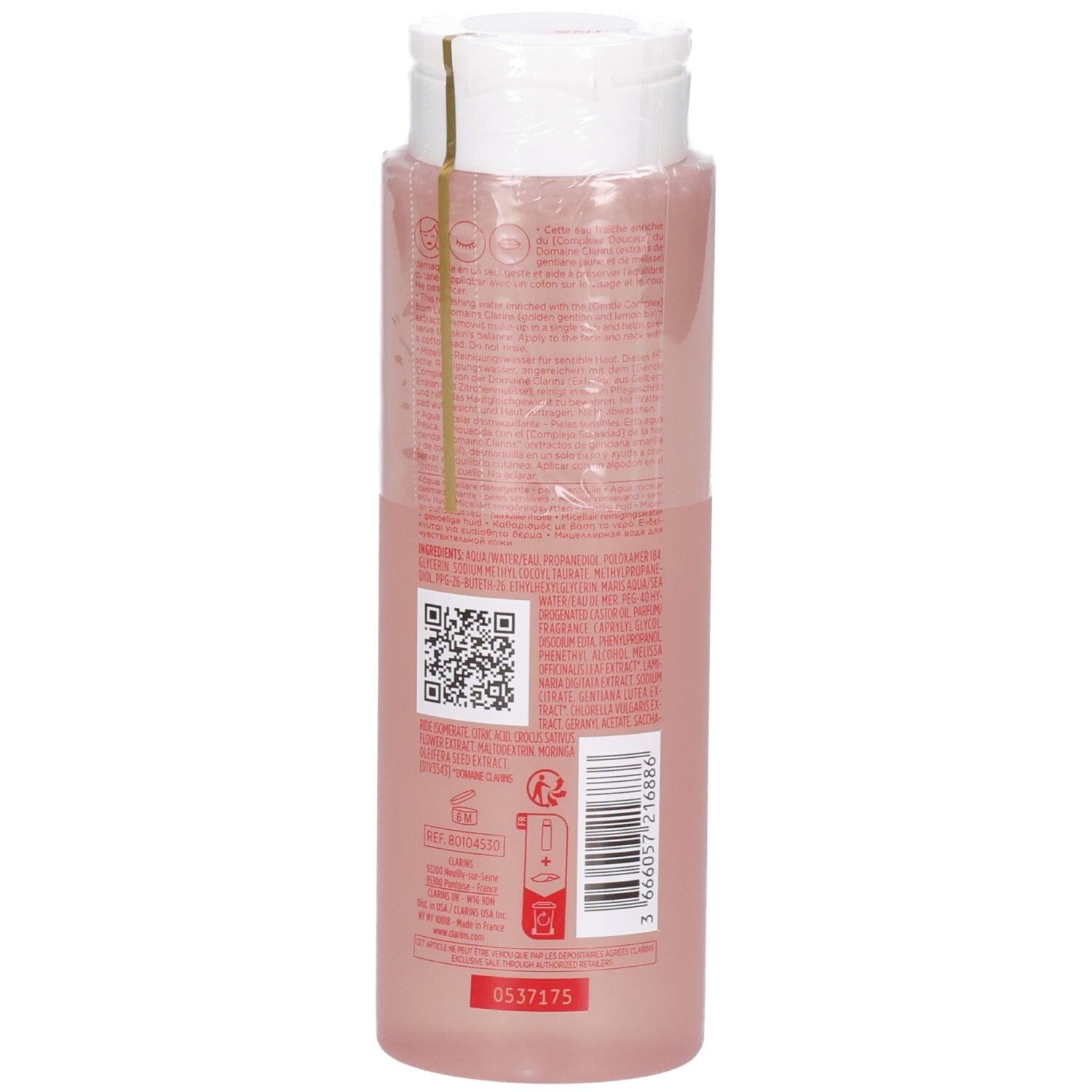 Rückseite der Clarins Reinigung Micellenwasser Flasche mit Inhaltsstoffen und Barcode.