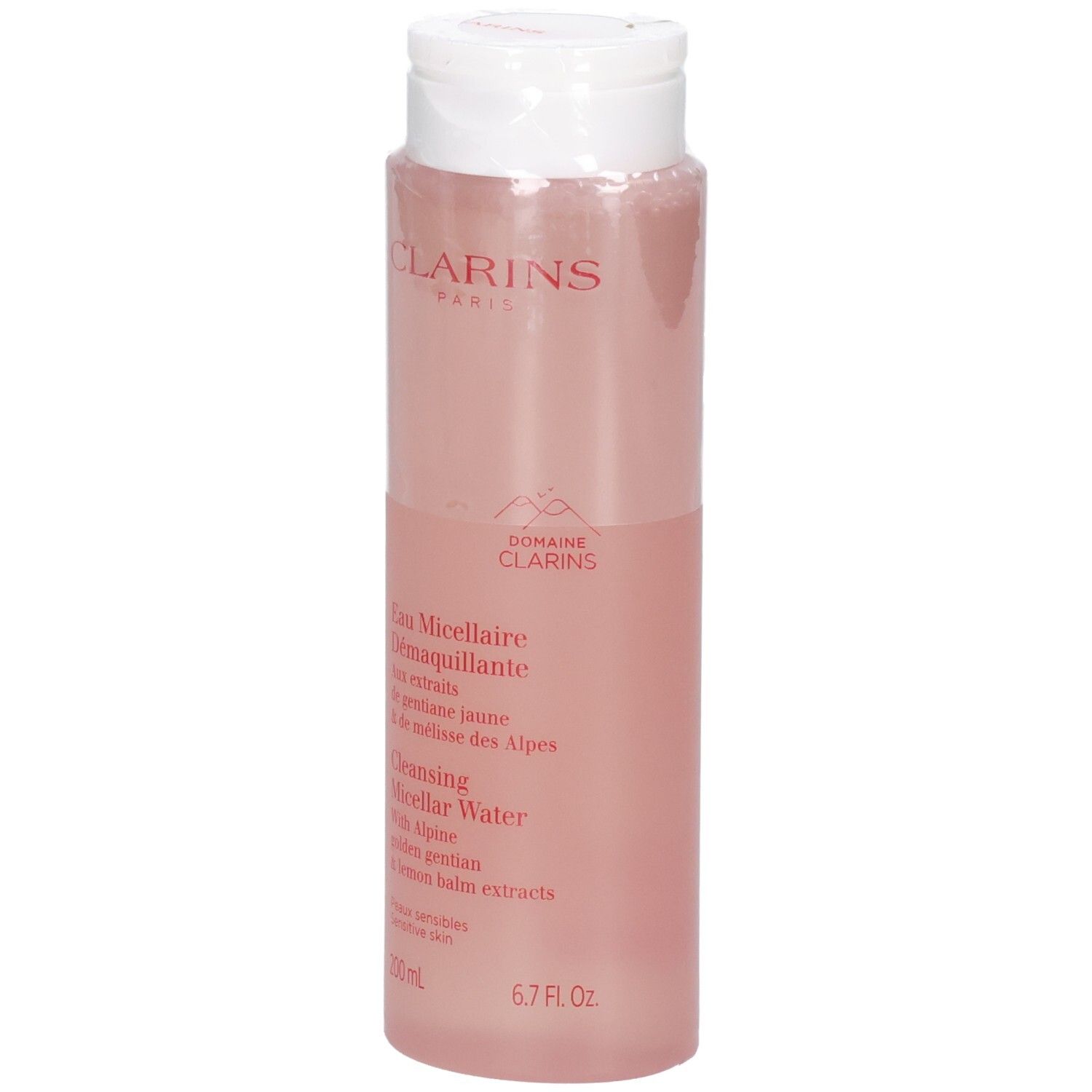 Clarins Reinigung Micellenwasser, Frontansicht der Flasche mit rosa Flüssigkeit und weißem Verschluss.