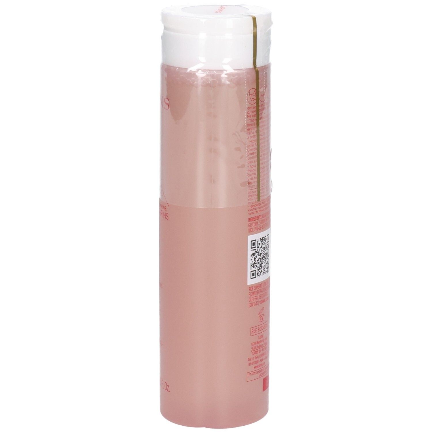 Clarins Reinigung Micellenwasser, schräge Seitenansicht der durchsichtigen Flasche mit rosa Inhalt.