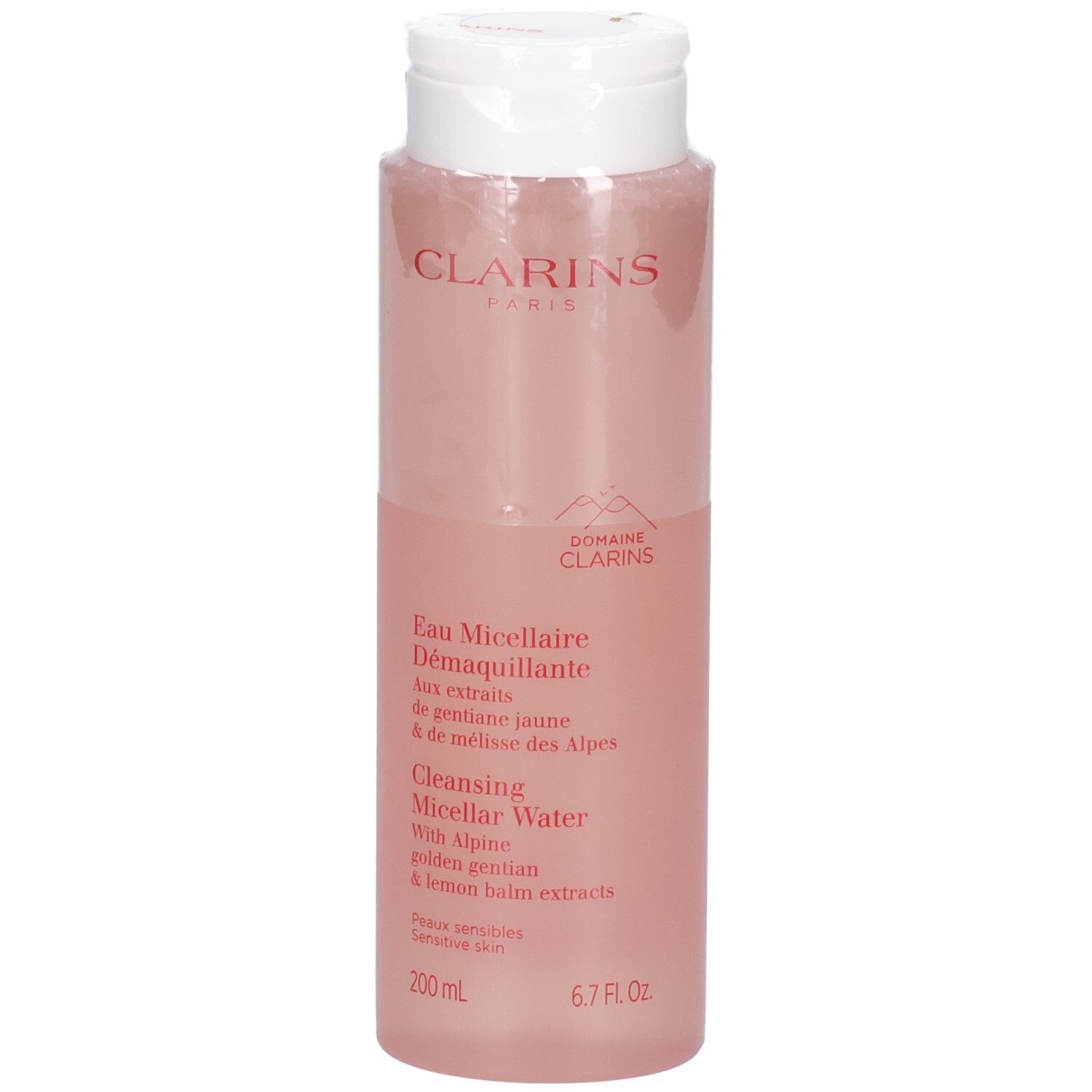 Clarins Reinigung Micellenwasser, Frontansicht der Flasche mit Etikett und weißem Verschluss.