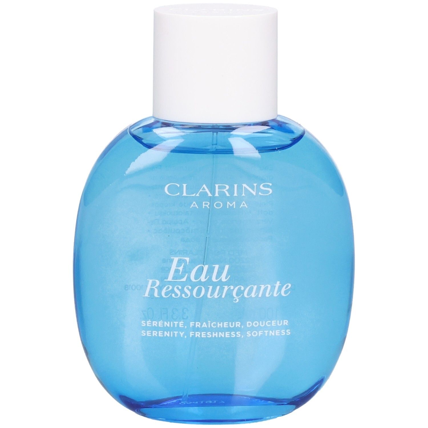 Clarins Eau Ressourçante Flakon mit weißem Verschluss, gefüllt mit blauer Flüssigkeit.
