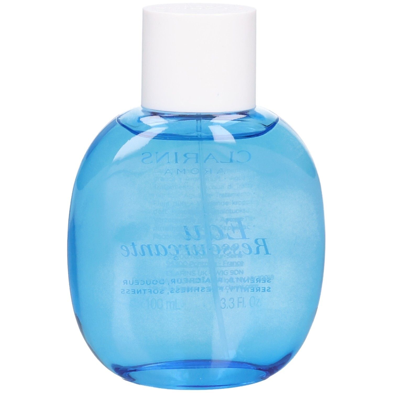 Rückseite des Clarins Eau Ressourçante Flakons mit blauer Flüssigkeit und weißen Details.