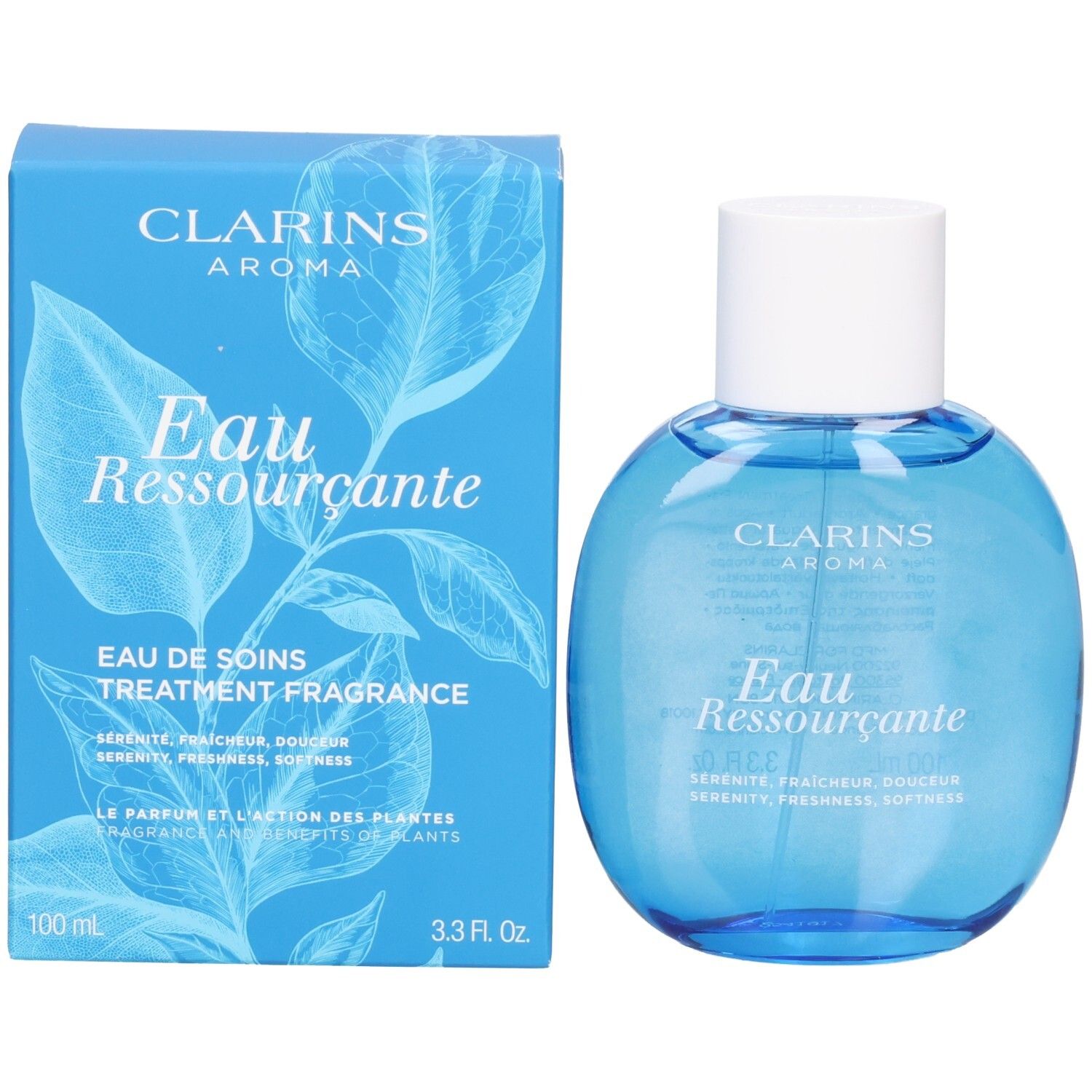 Clarins Eau Ressourçante Flakon neben seiner blauen Verpackung mit Blattmotiv.