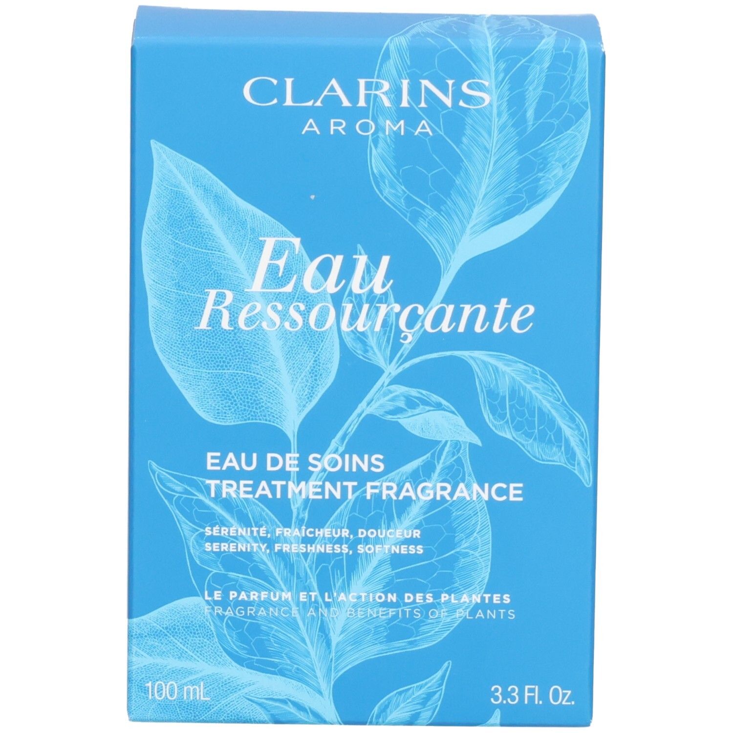 Blaue Clarins Eau Ressourçante Verpackung mit Blattmotiv und Produktinformationen.