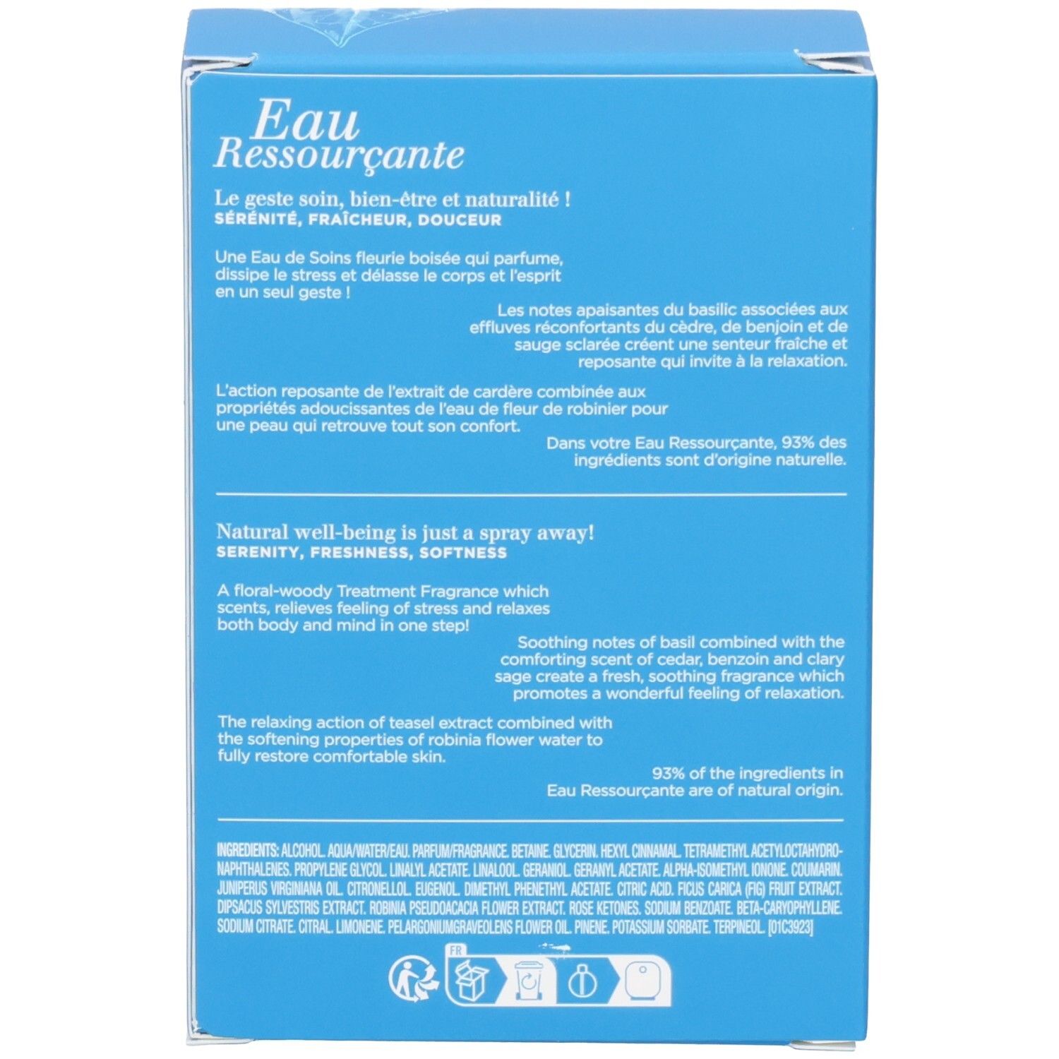 Seite der Clarins Eau Ressourçante Verpackung mit detaillierten Produktinformationen und Text.