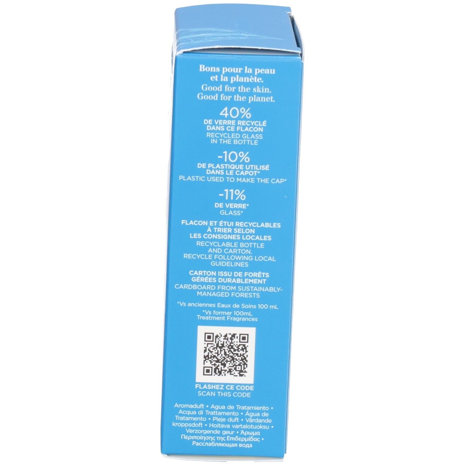 Seite der Clarins Eau Ressourçante Verpackung mit Recycling-Informationen und QR-Code.