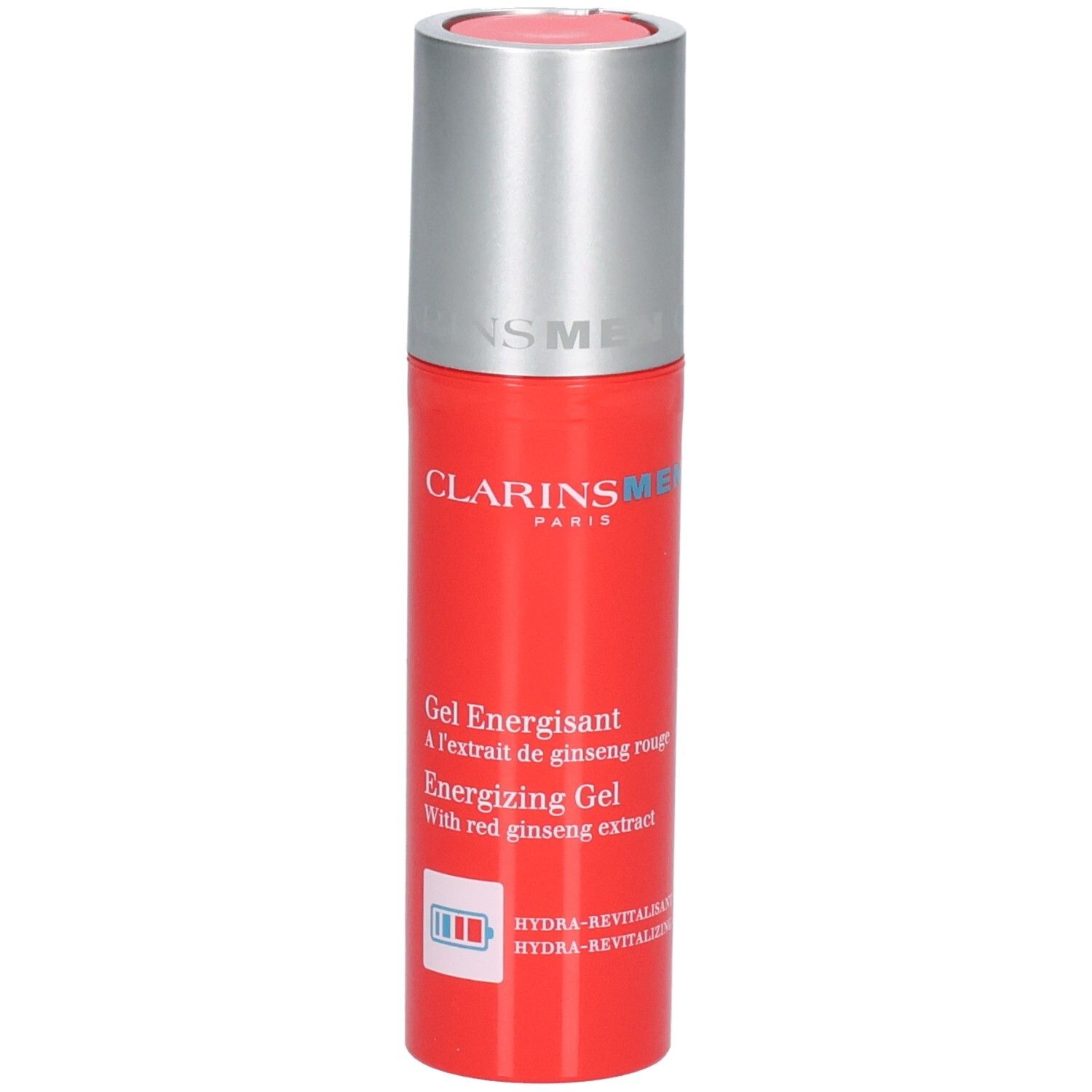 Clarins Men Energizing Gel Flasche mit silbernem Spenderverschluss. Rote Flasche mit weißen und blauen Text.