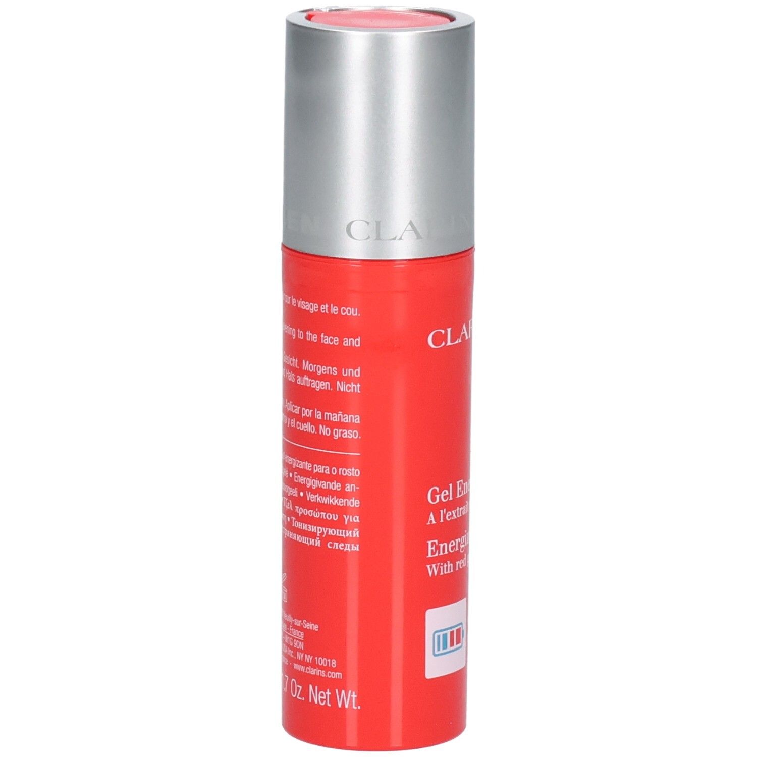 Rückseite der Clarins Men Energizing Gel Flasche. Rote Flasche mit weißen und blauen Text, einschließlich Inhaltsangaben.