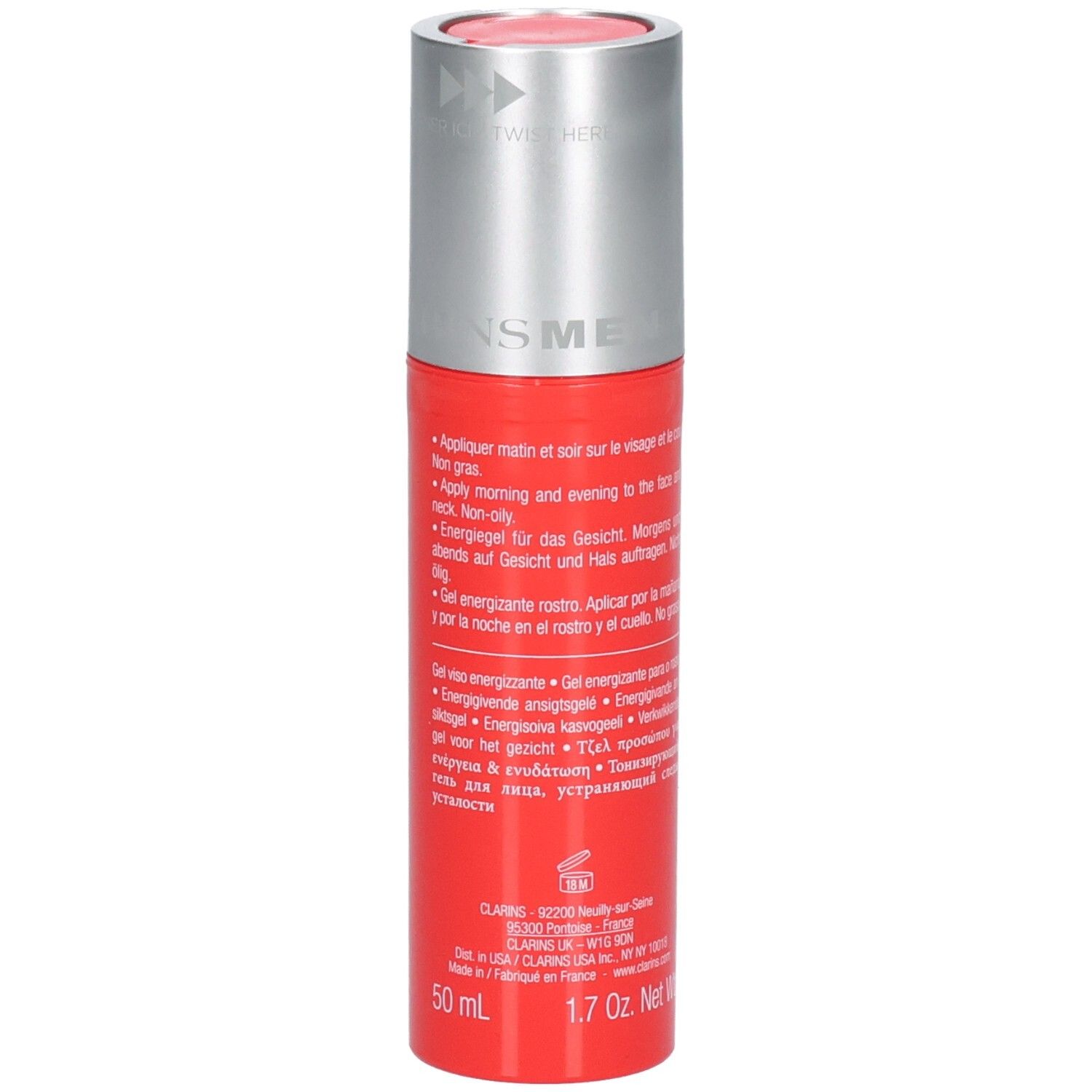 Clarins Men Energizing Gel Flasche mit silbernem Spenderverschluss. Rote Flasche mit weißen und blauen Text, 50 ml.