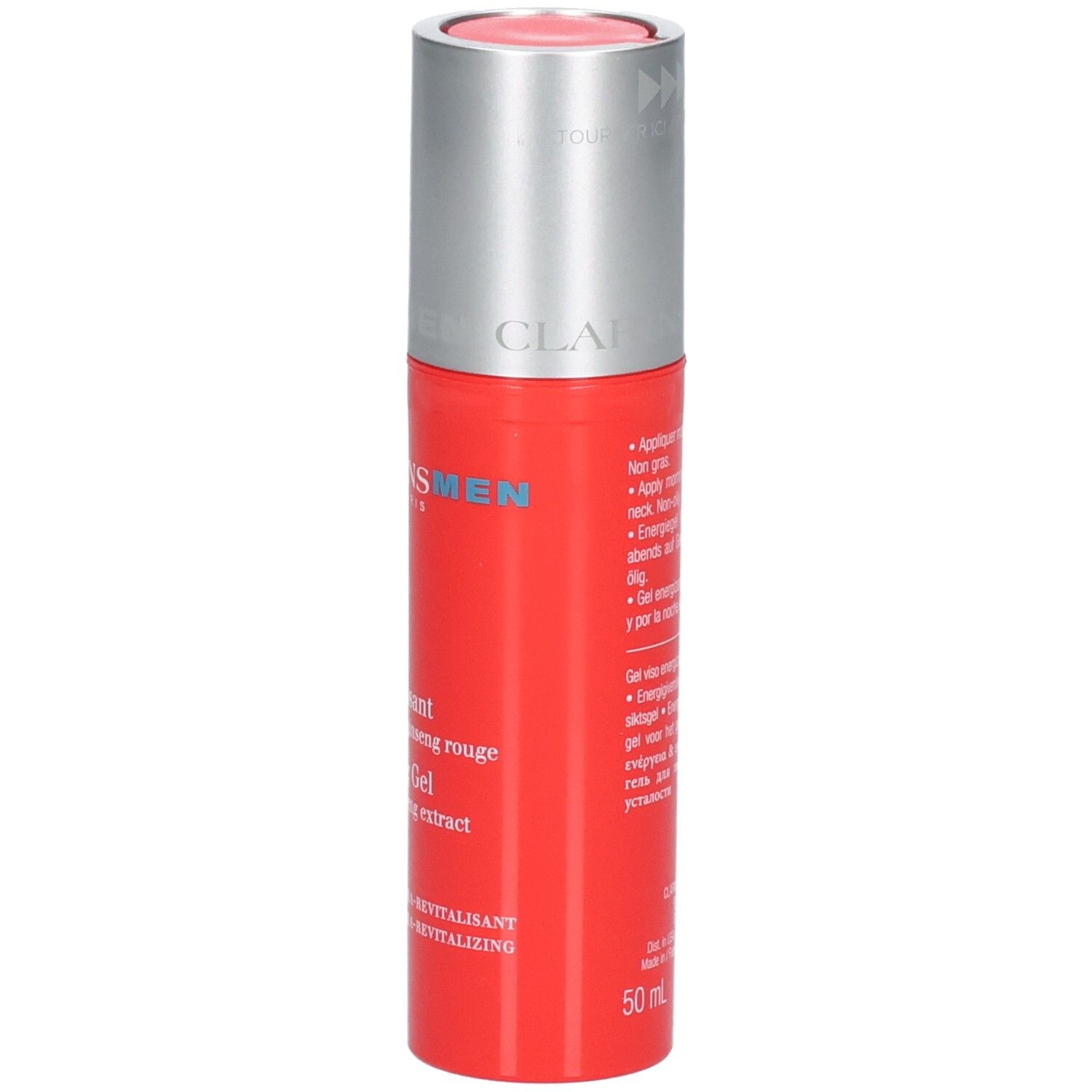 Clarins Men Energizing Gel Flasche mit silbernem Spenderverschluss. Rote Flasche mit weißen und blauen Text.