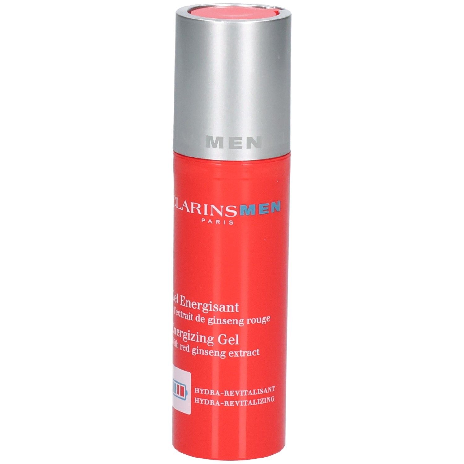 Clarins Men Energizing Gel Flasche mit silbernem Spenderverschluss. Rote Flasche mit weißen und blauen Text.