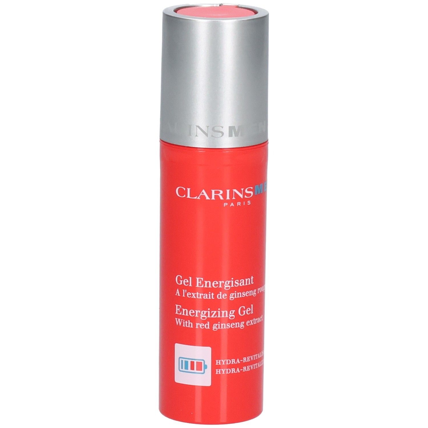 Clarins Men Energizing Gel Flasche mit silbernem Spenderverschluss. Rote Flasche mit weißen und blauen Text.