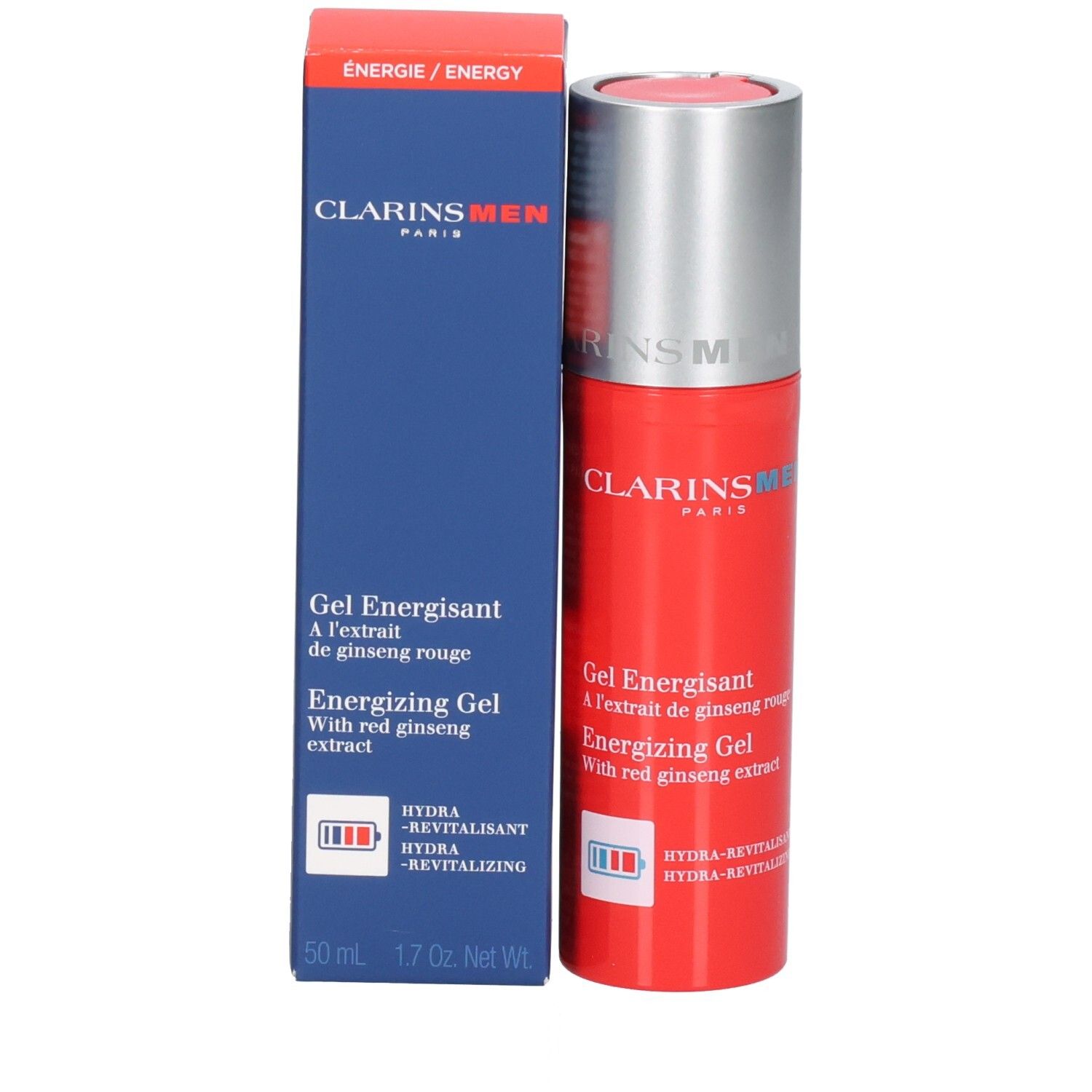 Clarins Men Energizing Gel Flasche und Verpackung. Rote Flasche mit silbernem Verschluss, blaue Box mit Text.