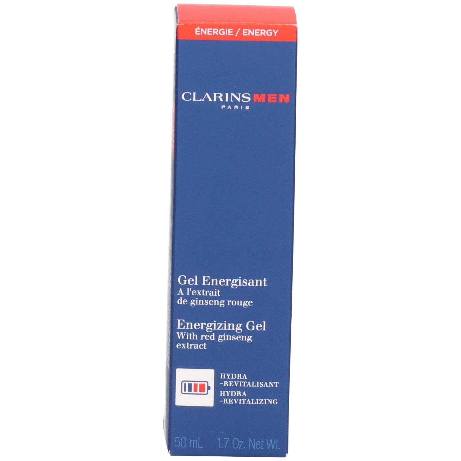 Clarins Men Energizing Gel Verpackung. Blaue Box mit rotem und weißem Text, zeigt Produktinformationen.