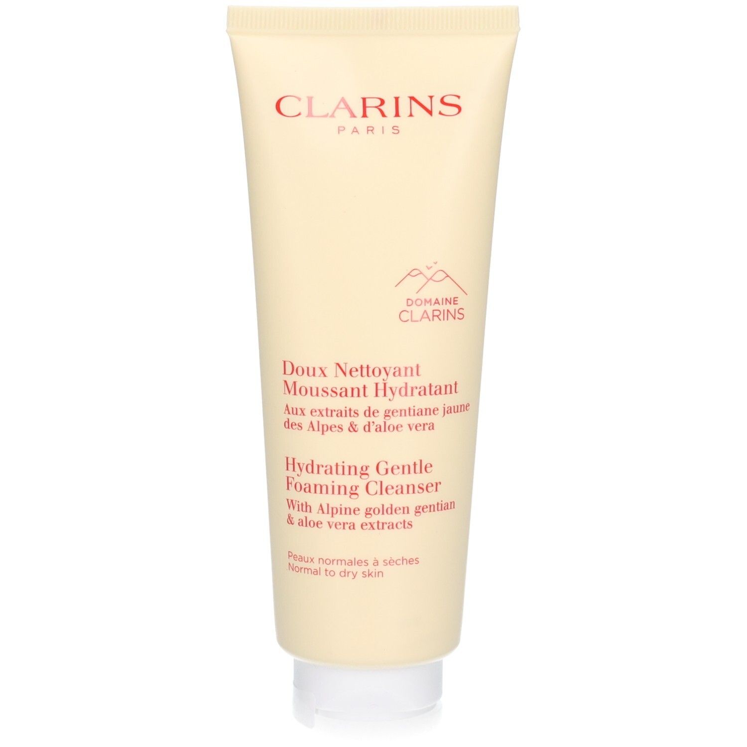 Clarins Hydrating Gentle Foaming Cleanser Tube mit Bergmotiv und Produktinformationen.