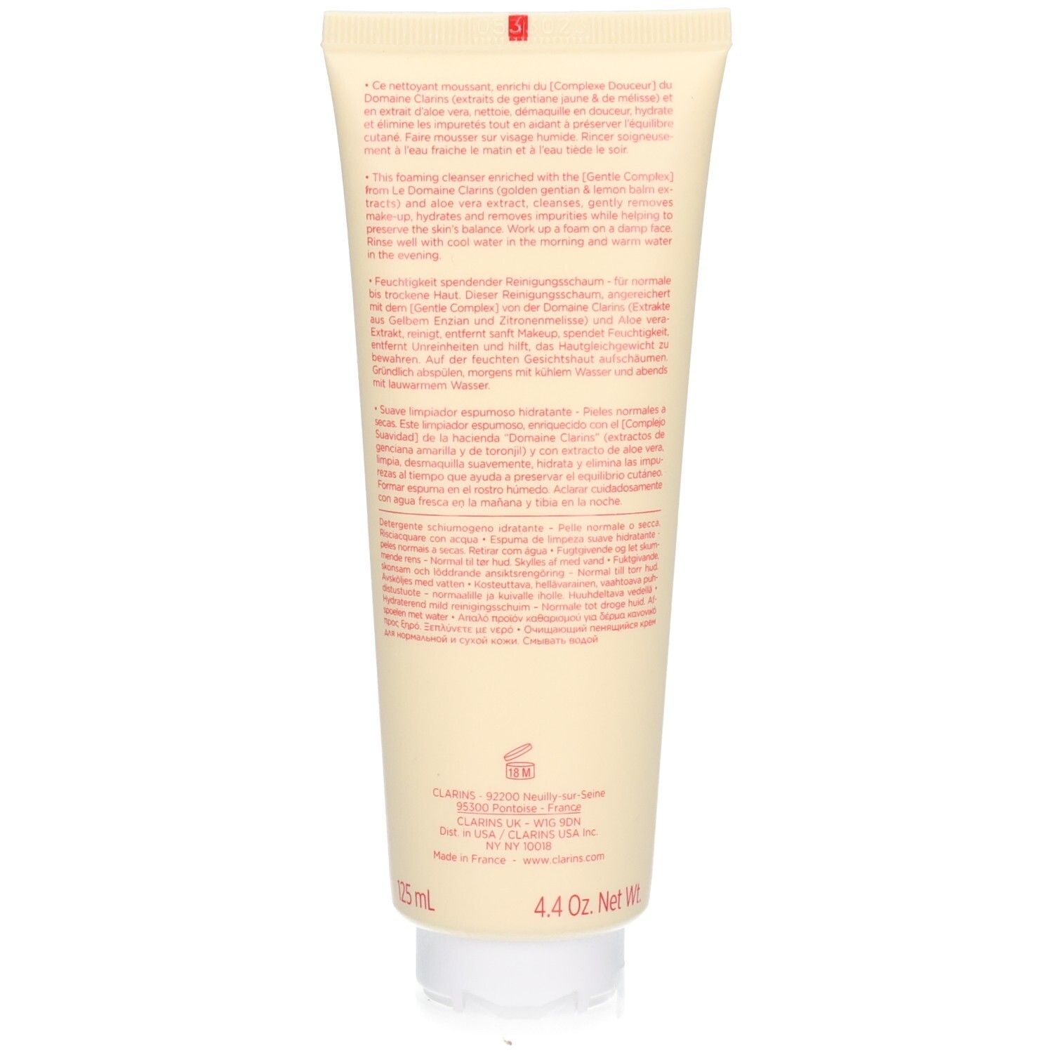 Rückseite der Clarins Hydrating Gentle Foaming Cleanser Tube mit detaillierten Produktinformationen und Anwendungshinweisen.