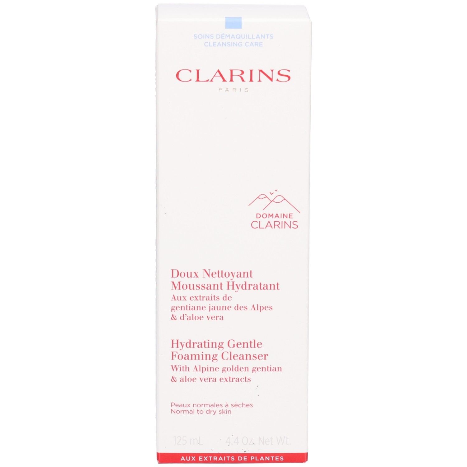 Verpackungsbox Clarins Hydrating Gentle Foaming Cleanser mit Produktinformationen und Bergmotiv.