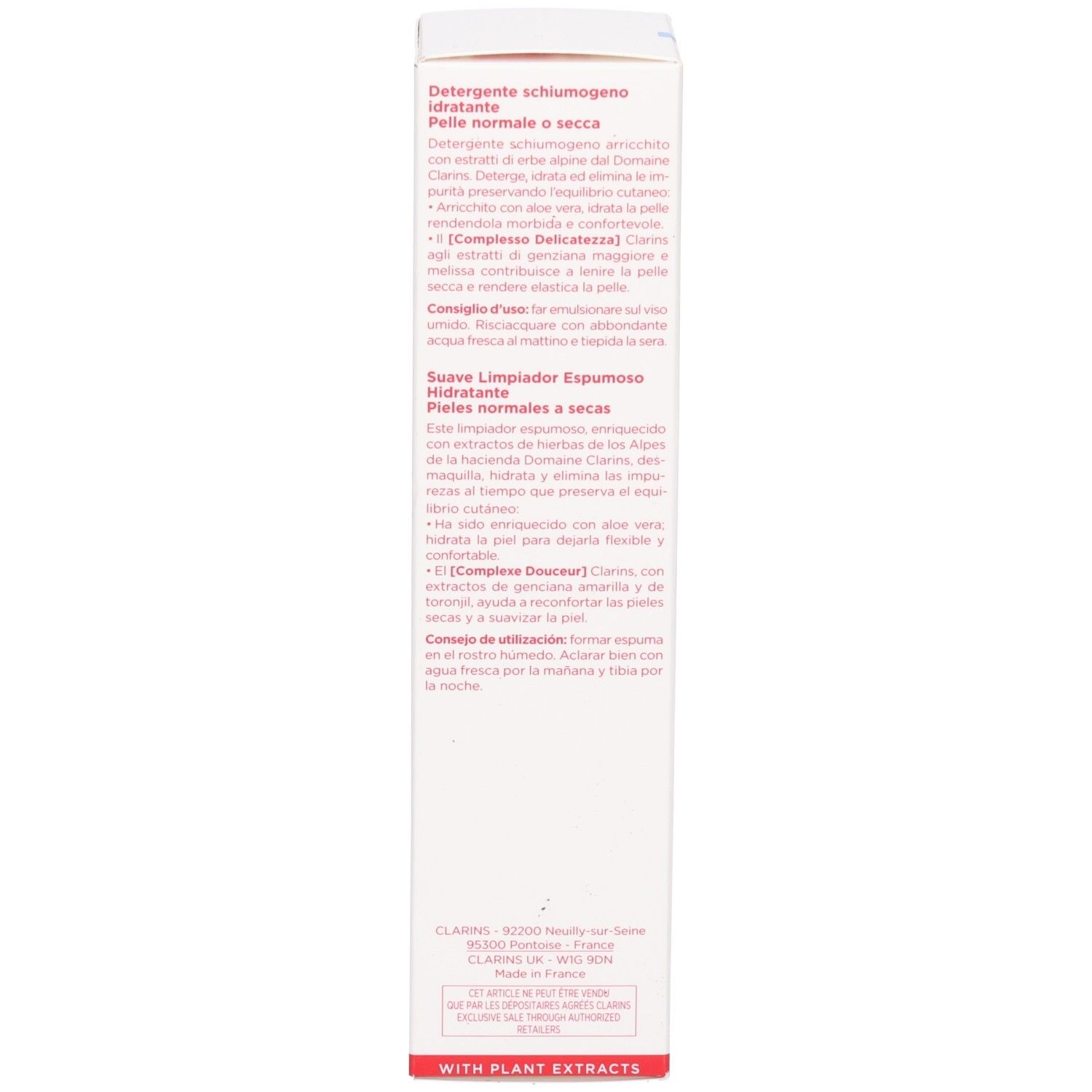 Seite der Clarins Hydrating Gentle Foaming Cleanser Verpackungsbox mit detaillierten Produktinformationen.