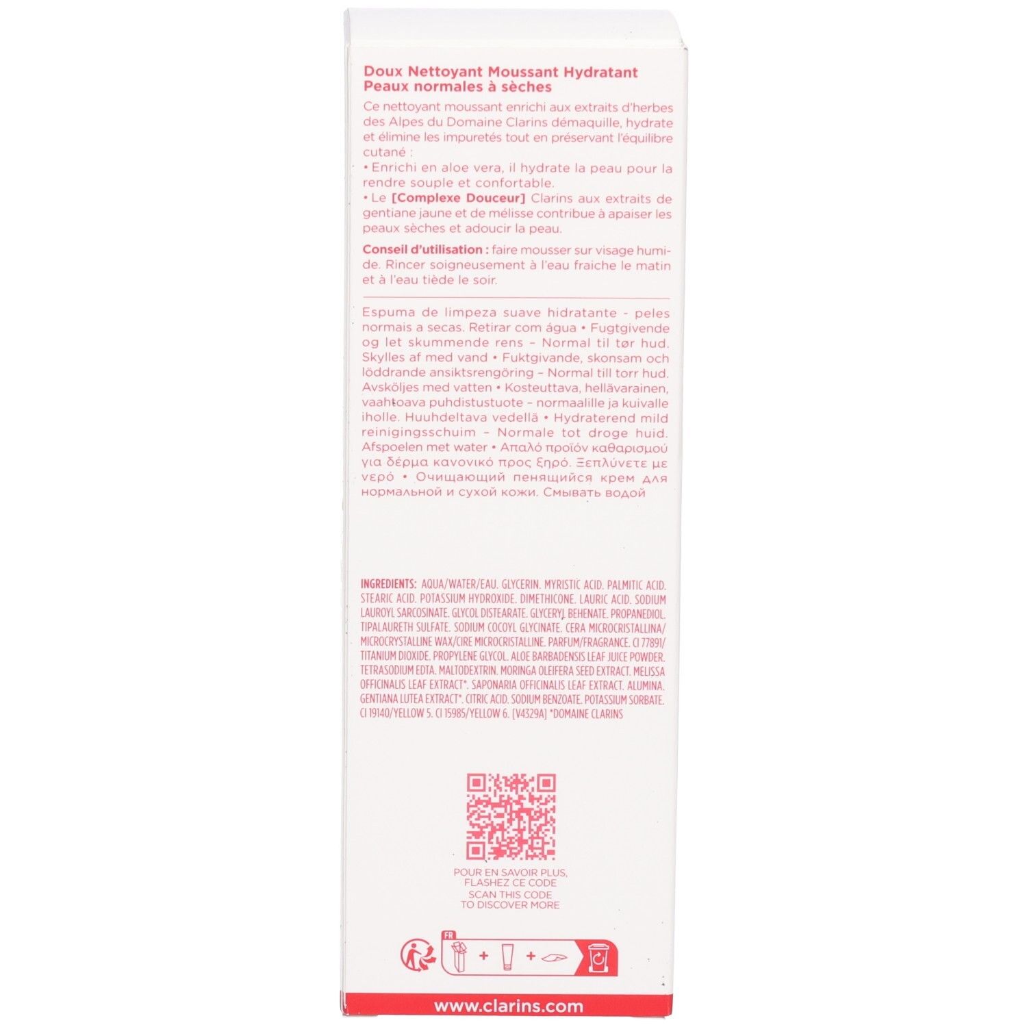 Seite der Clarins Hydrating Gentle Foaming Cleanser Verpackungsbox mit detaillierten Produktinformationen und QR-Code.