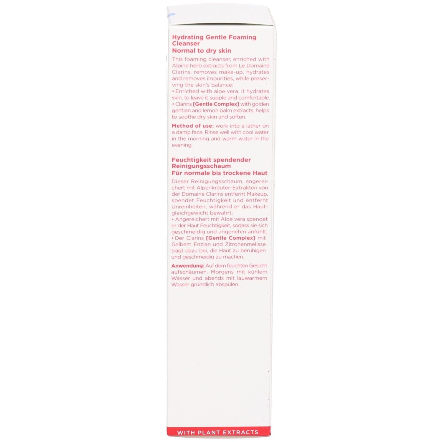 Seite der Clarins Hydrating Gentle Foaming Cleanser Verpackungsbox mit Produktinformationen auf Englisch und Deutsch.