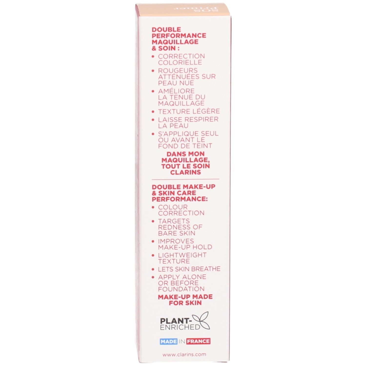Clarins SOS Primer Green: Seitenansicht der Umverpackung mit detaillierten Anwendungshinweisen.
