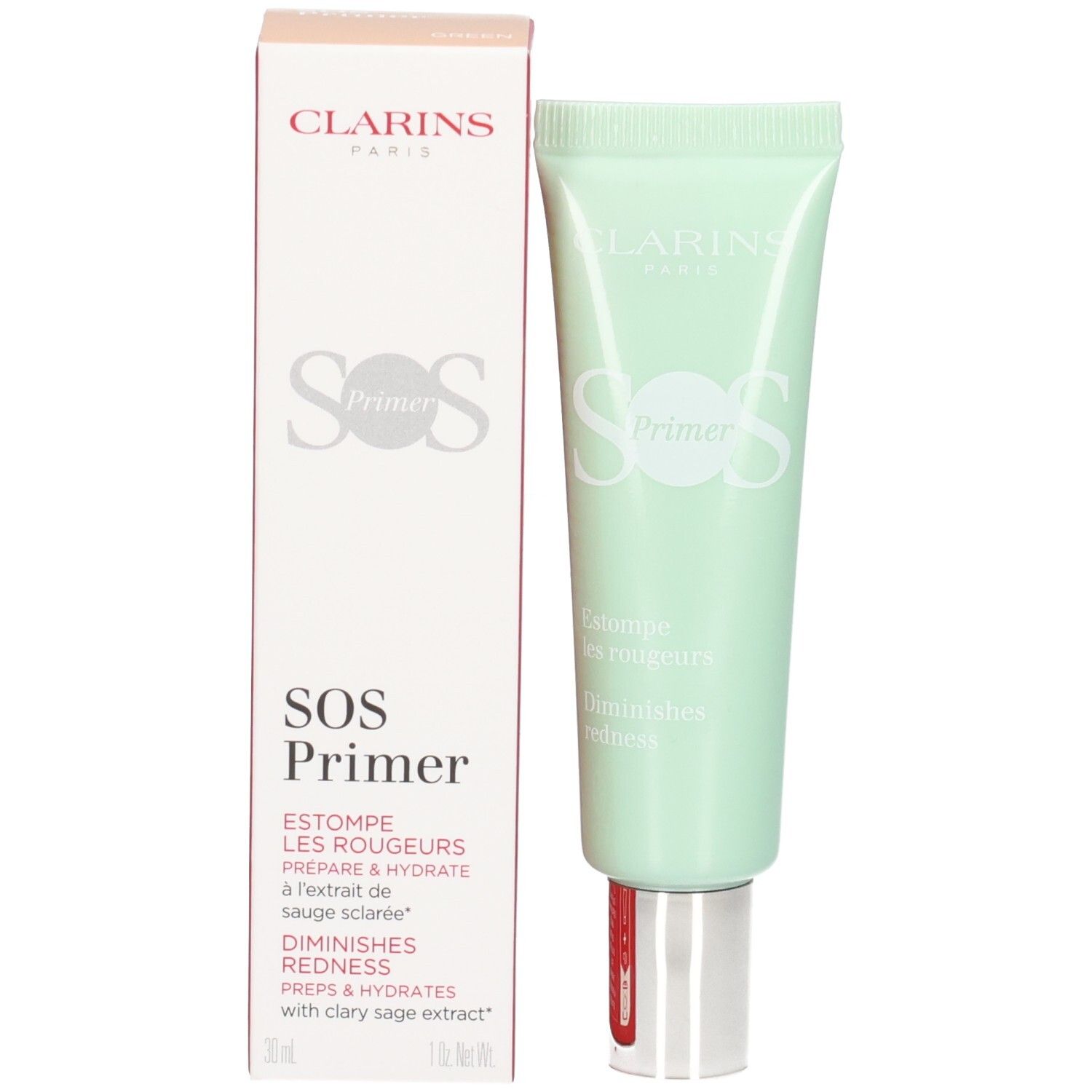 Clarins SOS Primer Green: Umverpackung und Tube des Primers, der Rötungen ausgleicht.