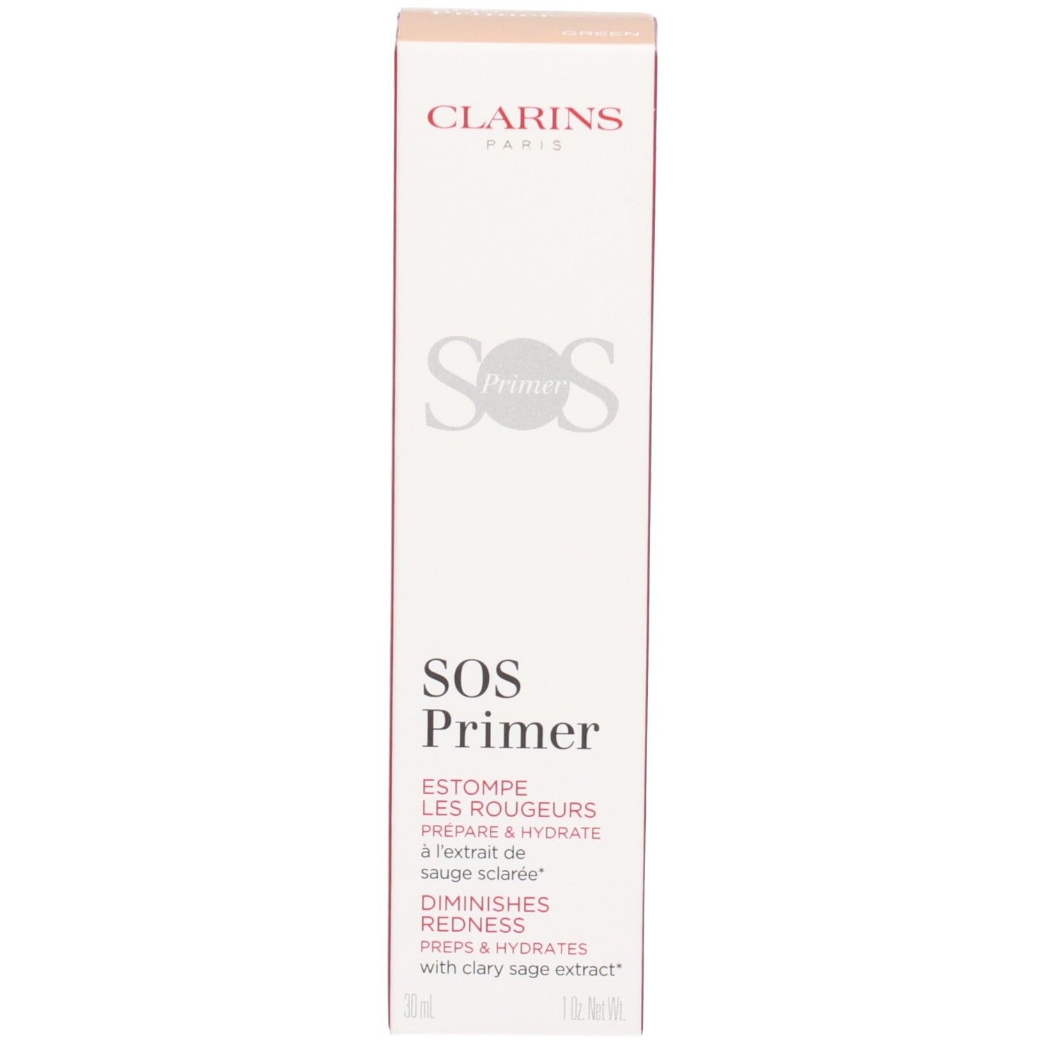 Clarins SOS Primer Green: Vorderseite der Umverpackung mit Produktbezeichnung und Markenschriftzug.