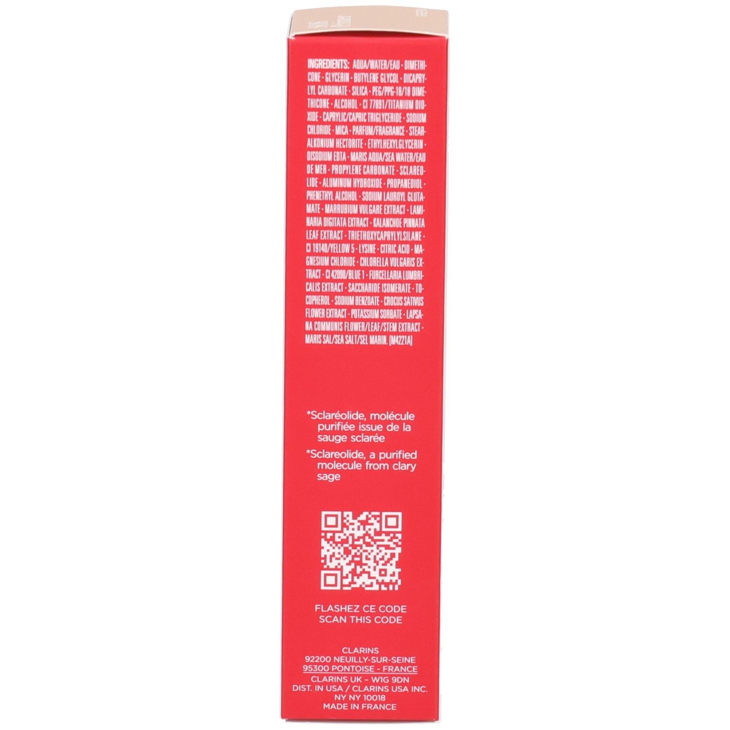 Clarins SOS Primer Green: Rückseite der Umverpackung mit Inhaltsstoffen und QR-Code.