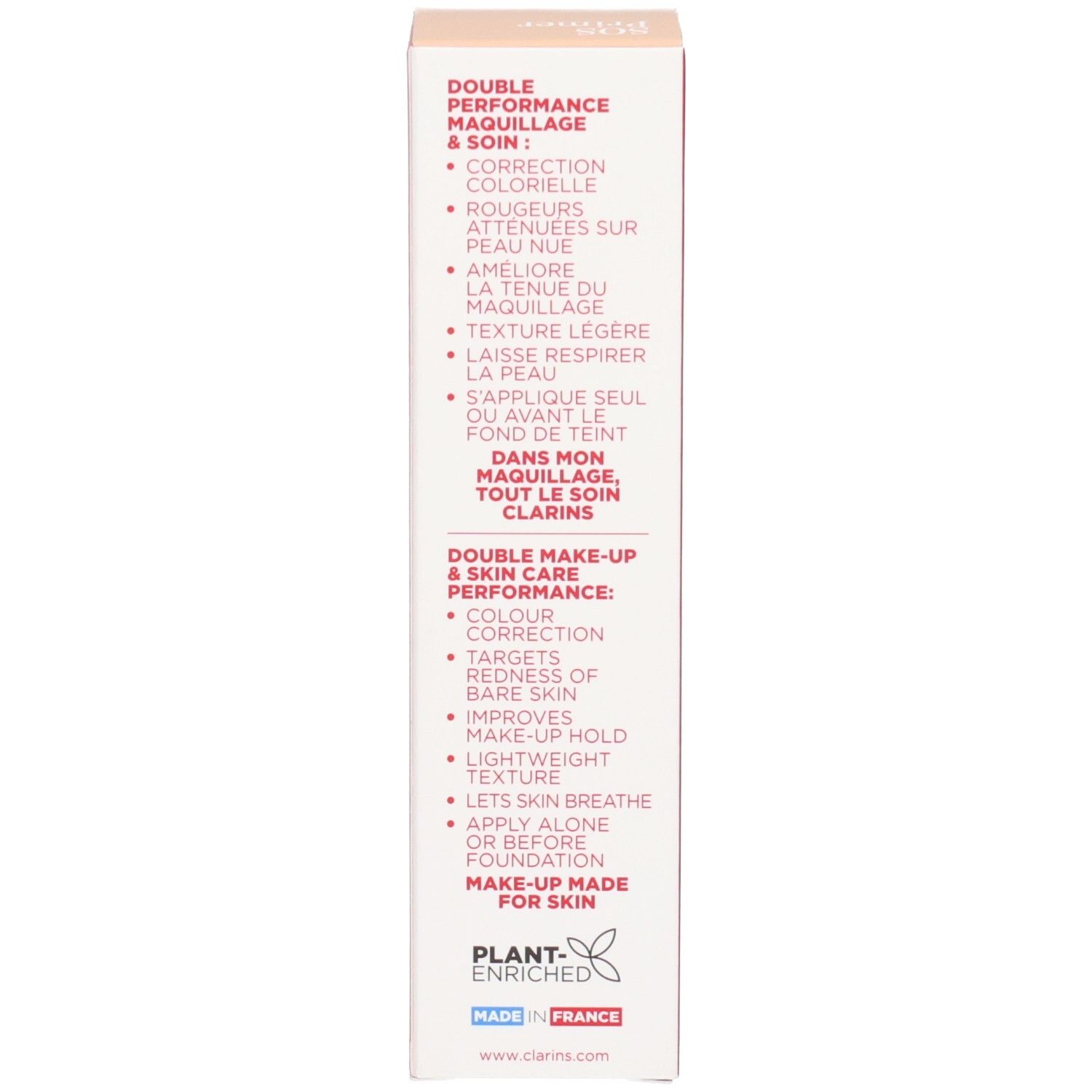 Clarins SOS Primer Green: Seitenansicht der Umverpackung mit Produktvorteilen und Herkunftsangabe.