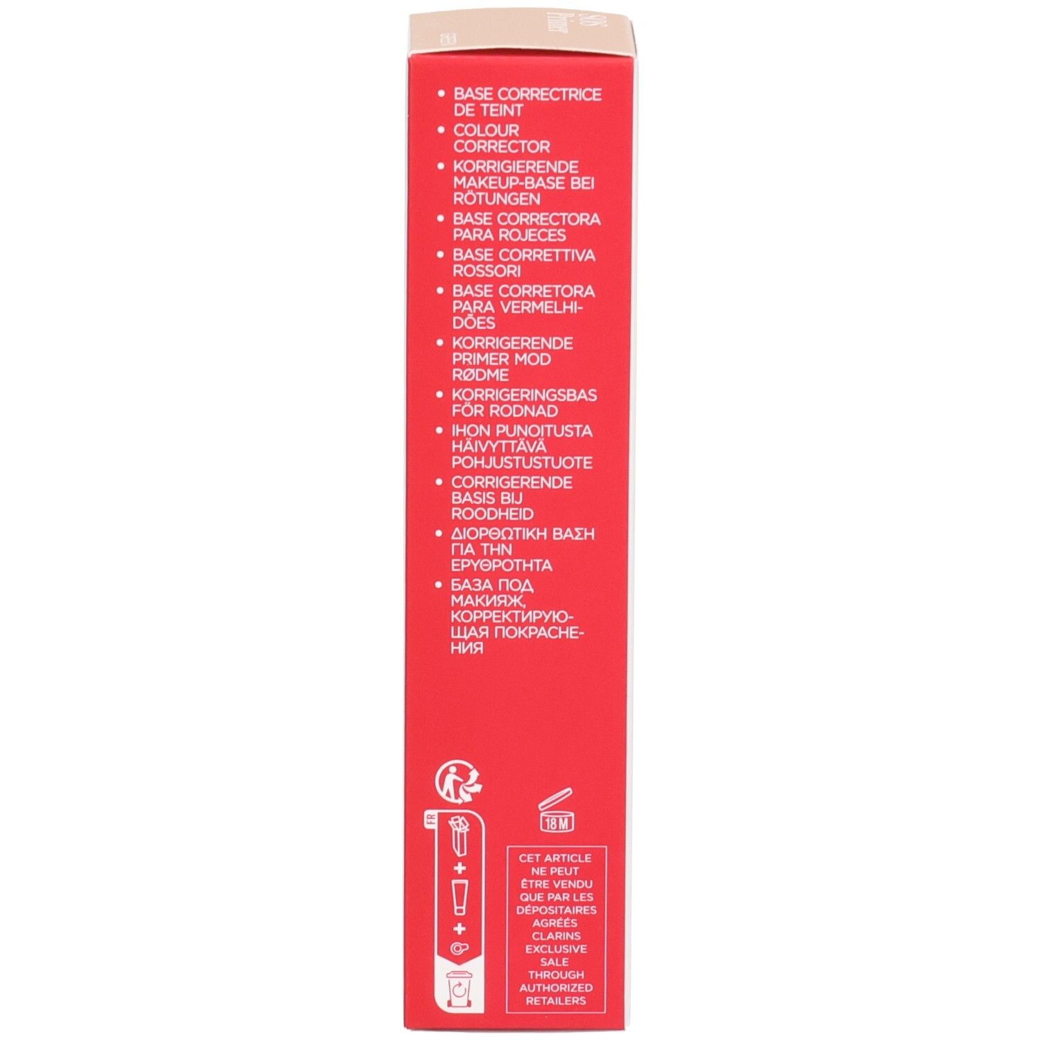 Clarins SOS Primer Green: Seitenansicht der Umverpackung mit mehrsprachigen Produktbeschreibungen.