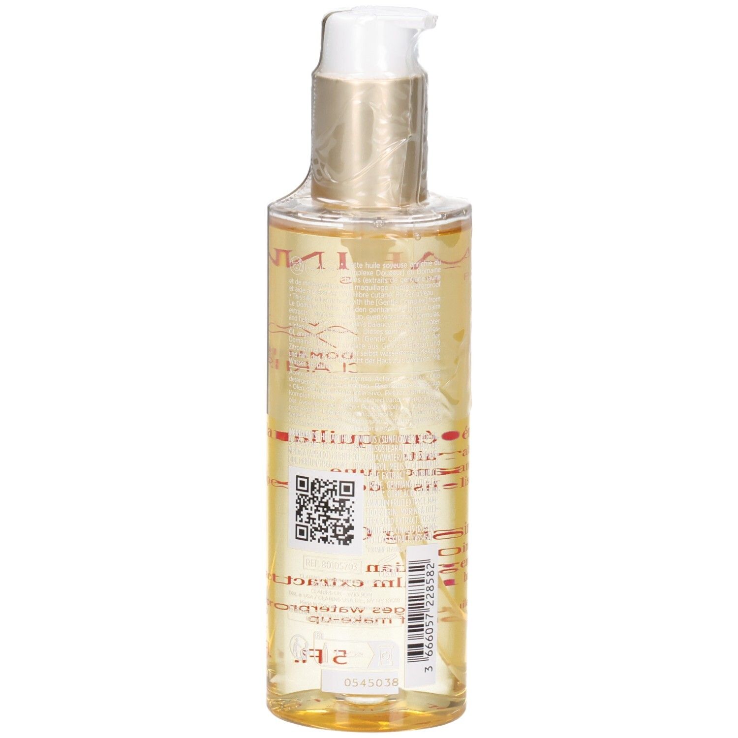 Rückseite der Clarins Total Cleansing Oil Flasche mit Etikett und QR-Code.